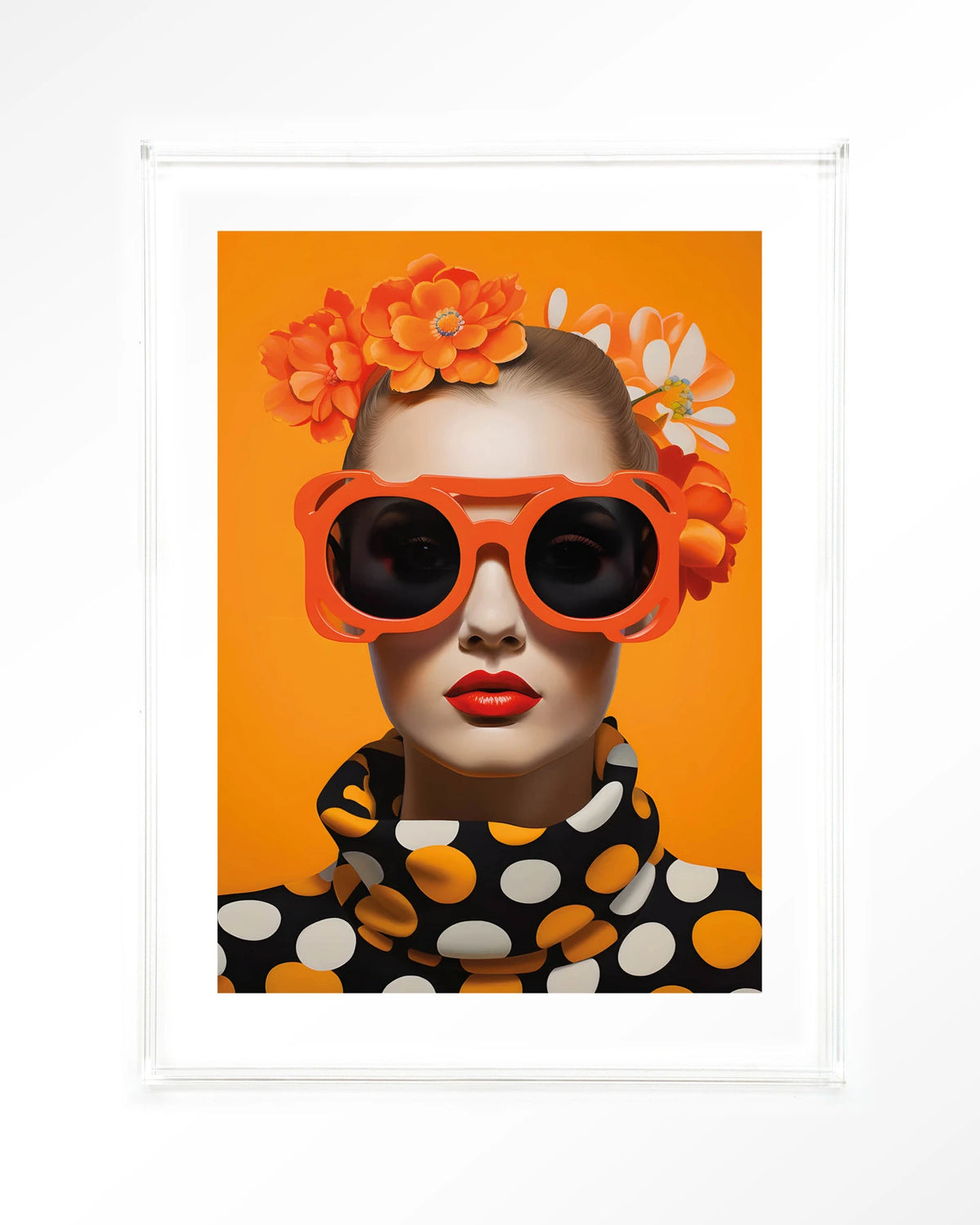 Orange Flower – vrouw met oranje zonnebril en bloemen – Art print – Acryl doorzichtig