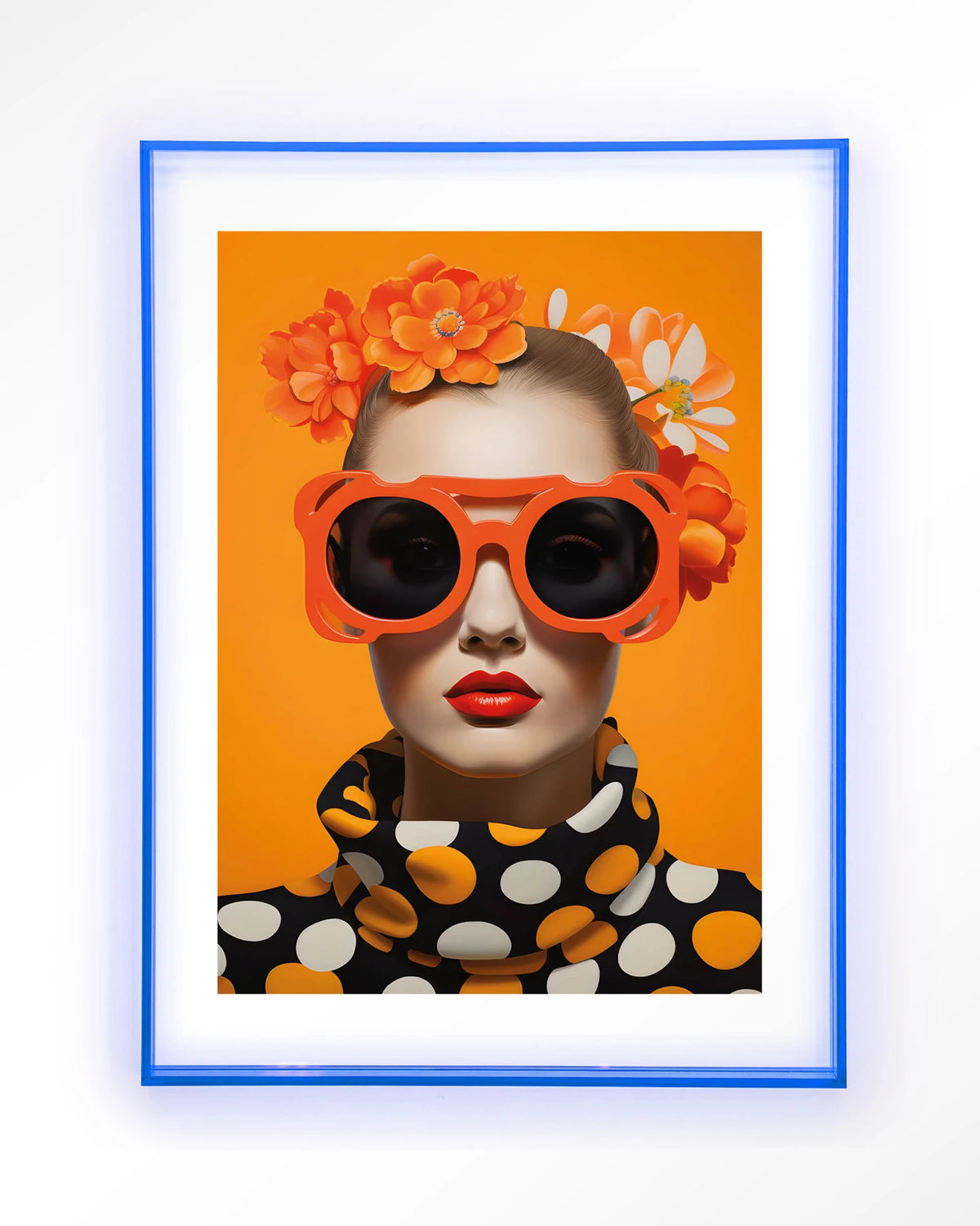 Orange Flower – vrouw met oranje zonnebril en bloemen – Art print – Acryl lichtblauw