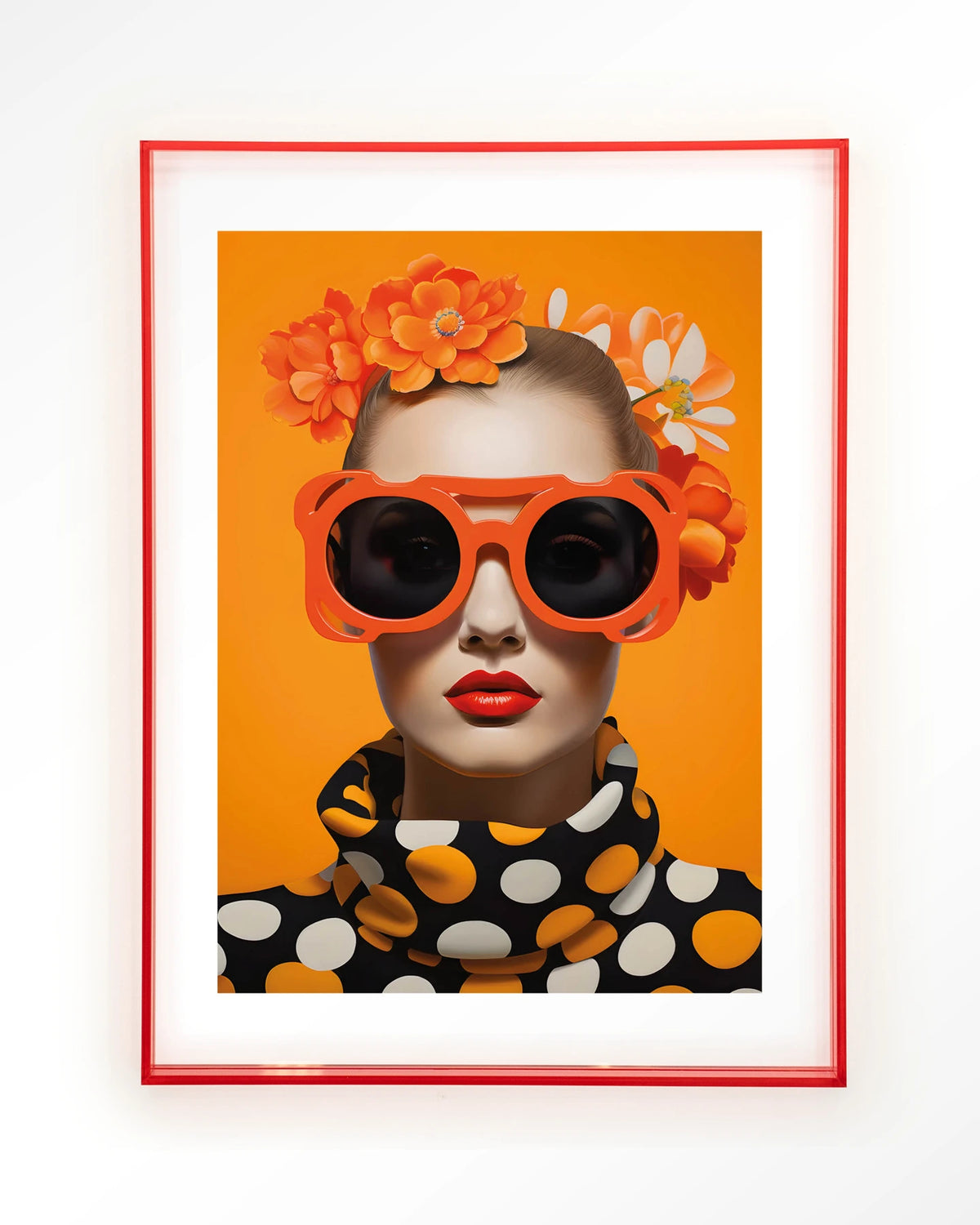 Orange Flower – vrouw met oranje zonnebril en bloemen – Art print – Acryl roze