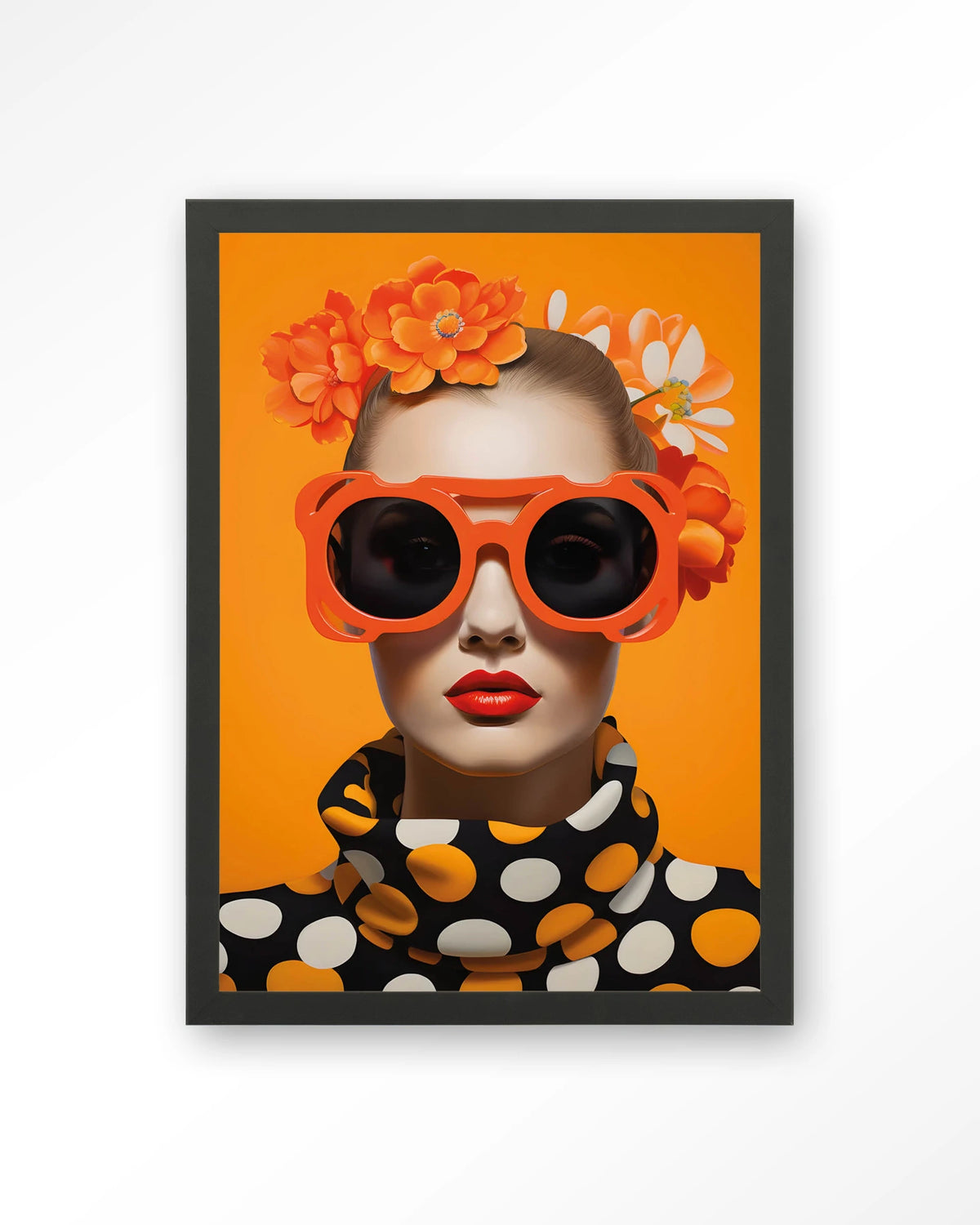 Orange Flower – vrouw met oranje zonnebril en bloemen – Art print – Hout zwart