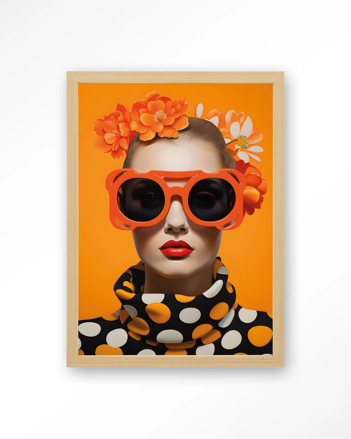 Orange Flower – vrouw met oranje zonnebril en bloemen – Art print – Hout naturel