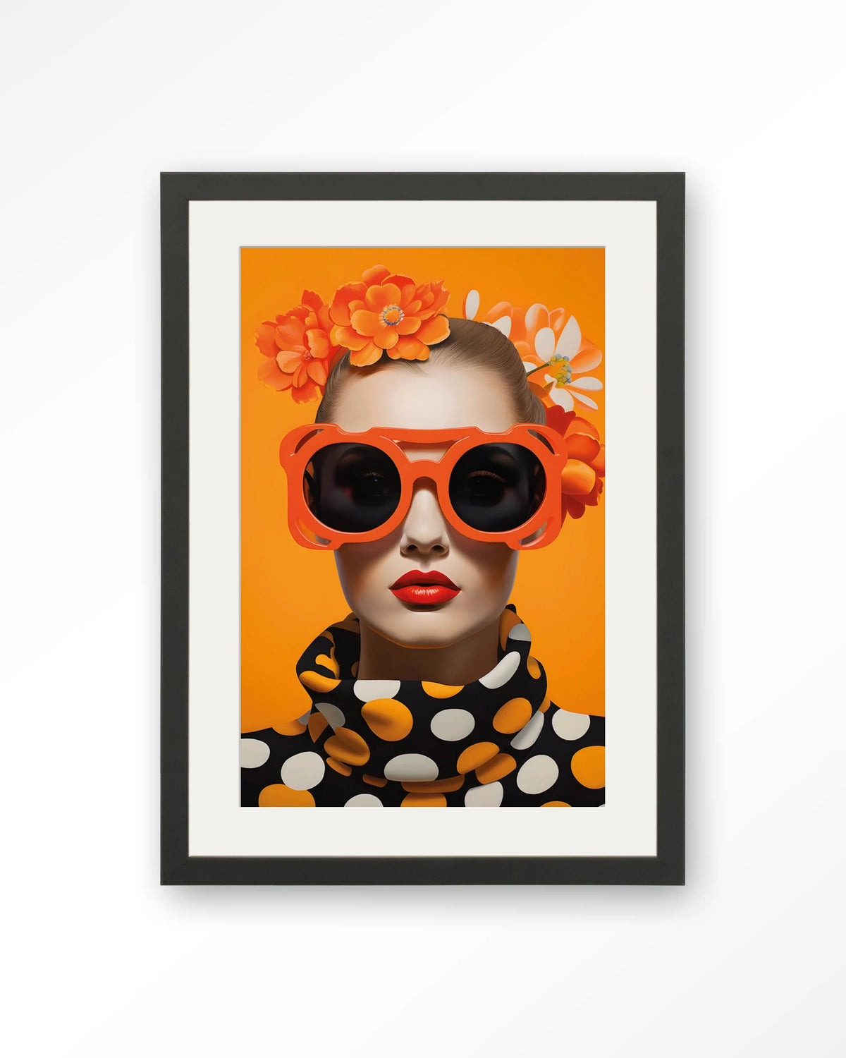 Orange Flower – vrouw met oranje zonnebril en bloemen – Art print – Hout zwart + passe-partout