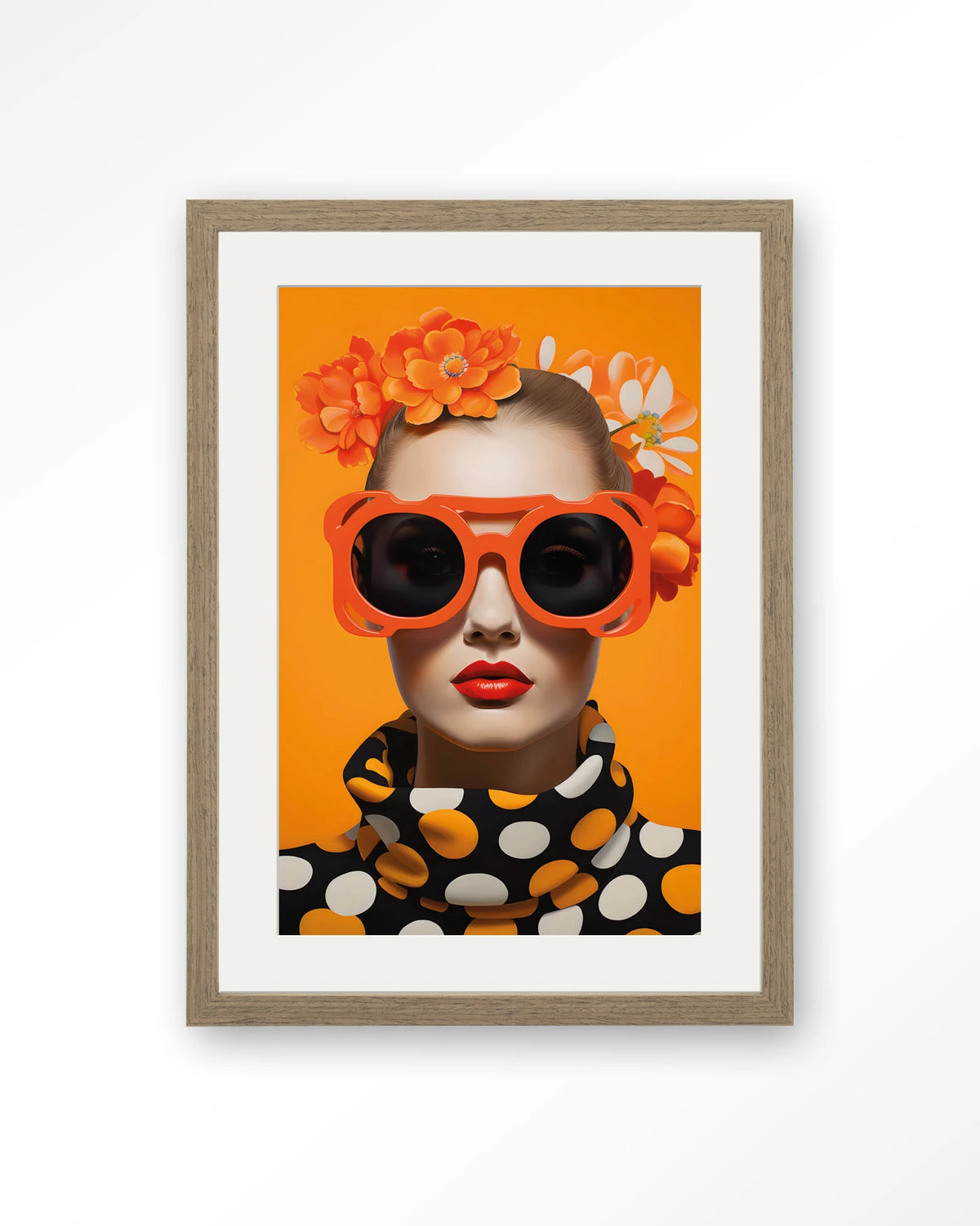 Orange Flower – vrouw met oranje zonnebril en bloemen – Art print – Hout bruin + passe-partout