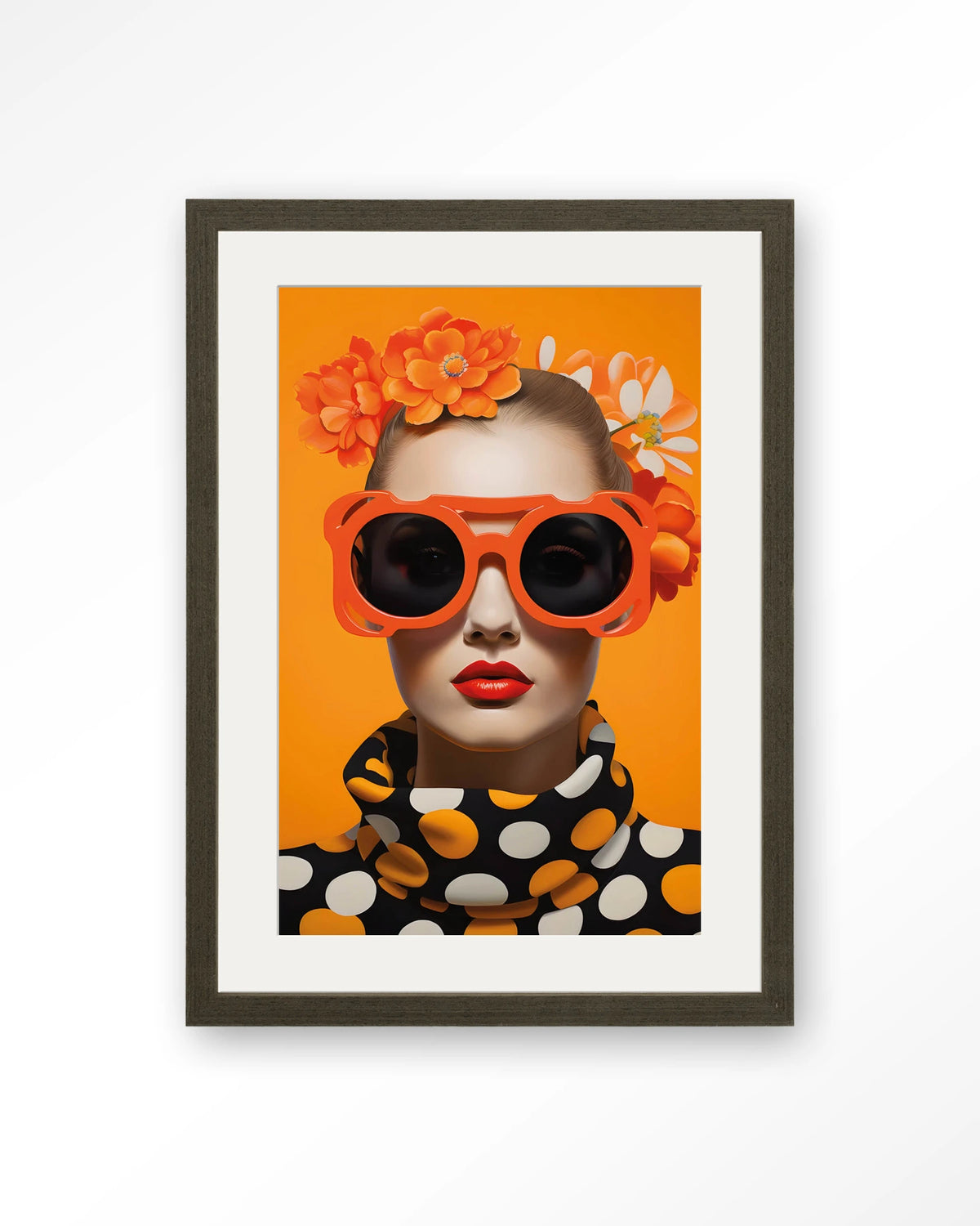 Orange Flower – vrouw met oranje zonnebril en bloemen – Art print – Hout donkerbruin + passe-partout