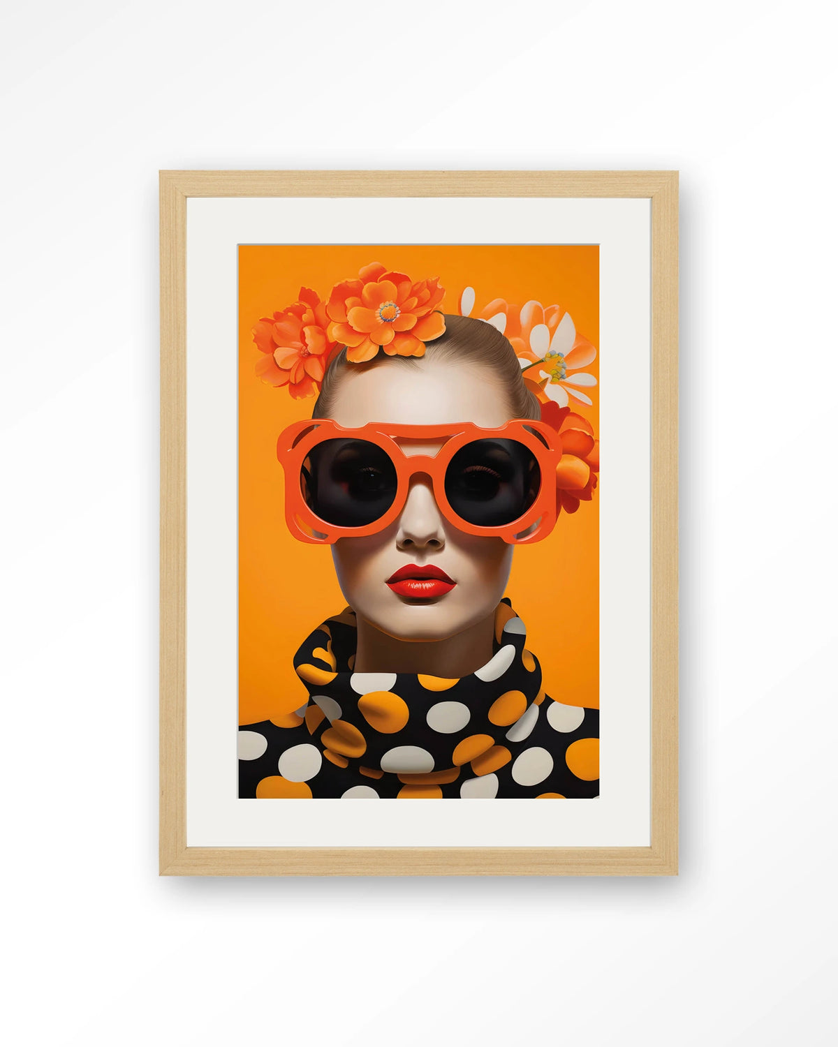 Orange Flower – vrouw met oranje zonnebril en bloemen – Art print – Hout naturel + passe-partout