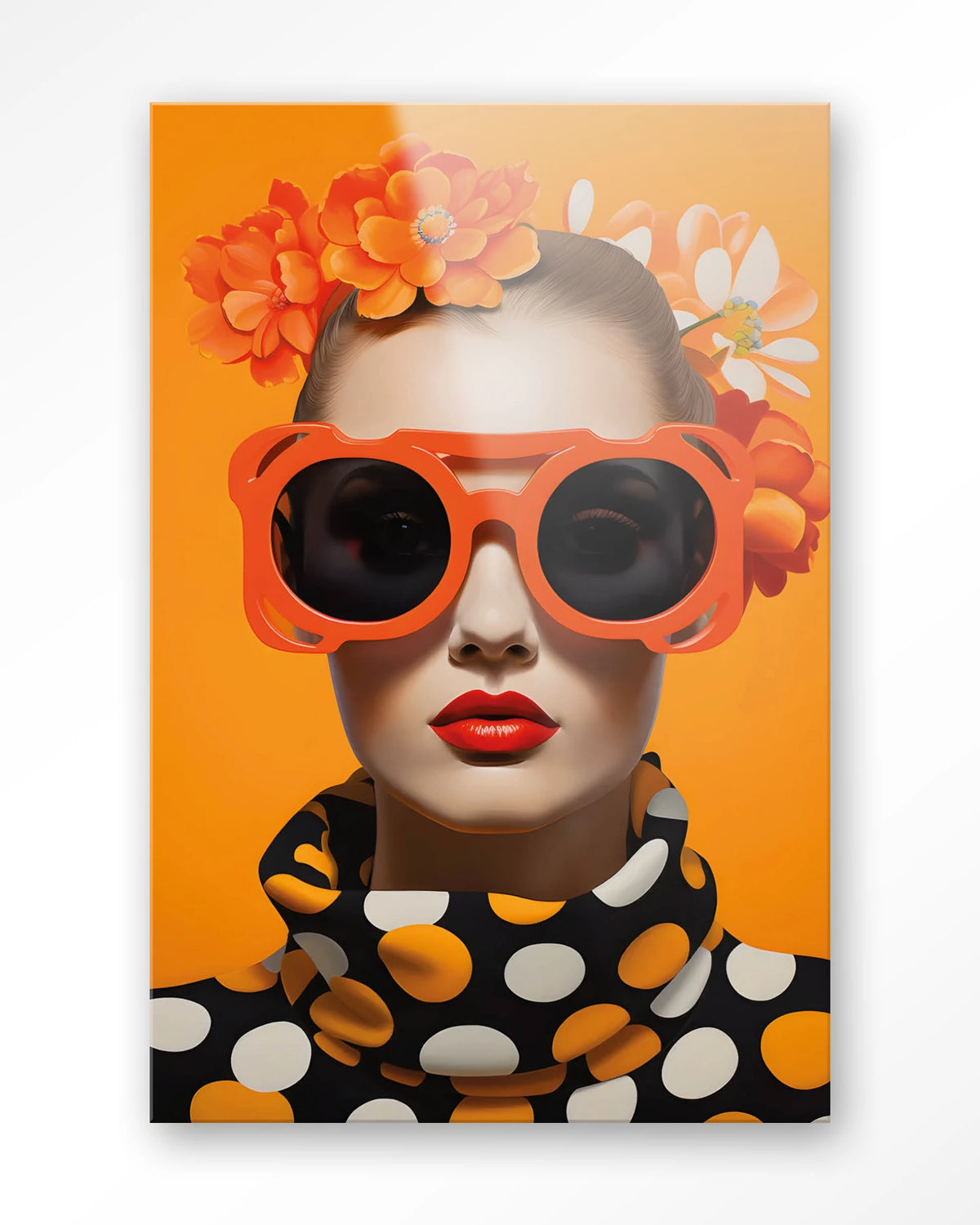 Orange Flower – vrouw met oranje zonnebril en bloemen – Glas – Blinde montage