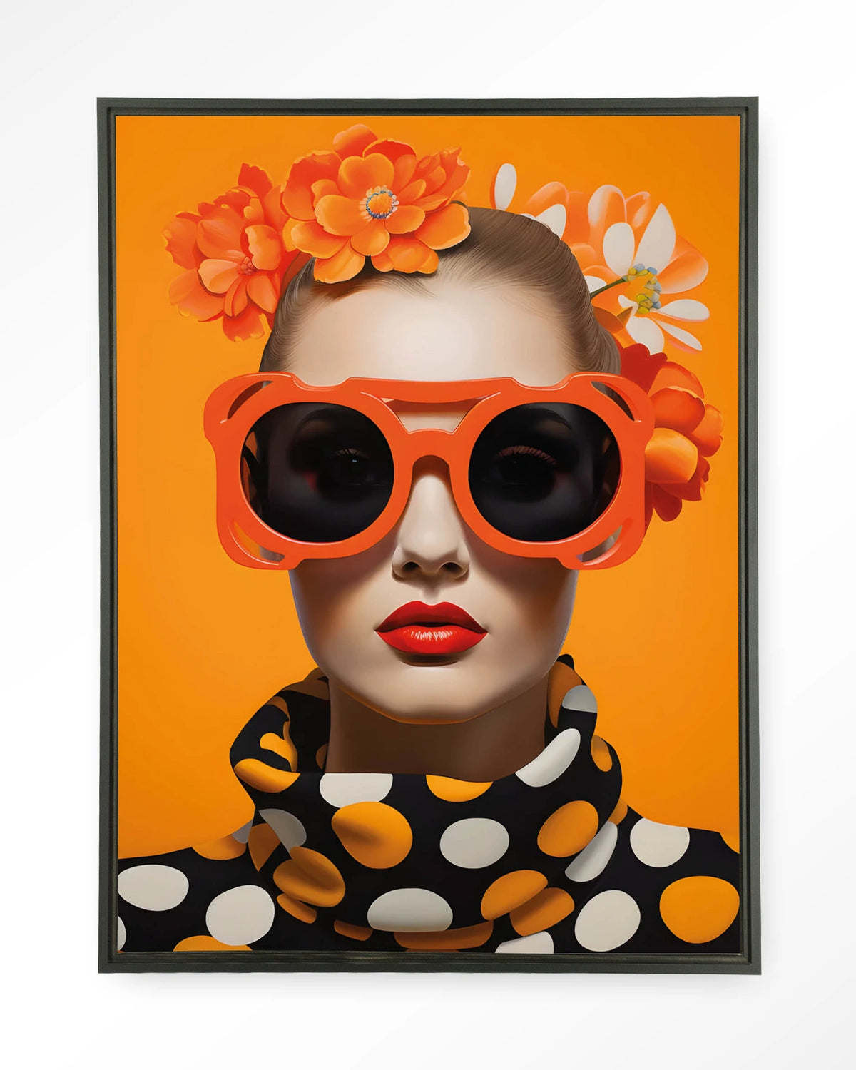 Orange Flower – vrouw met oranje zonnebril en bloemen – Wandkleed – Floating frame – zwart