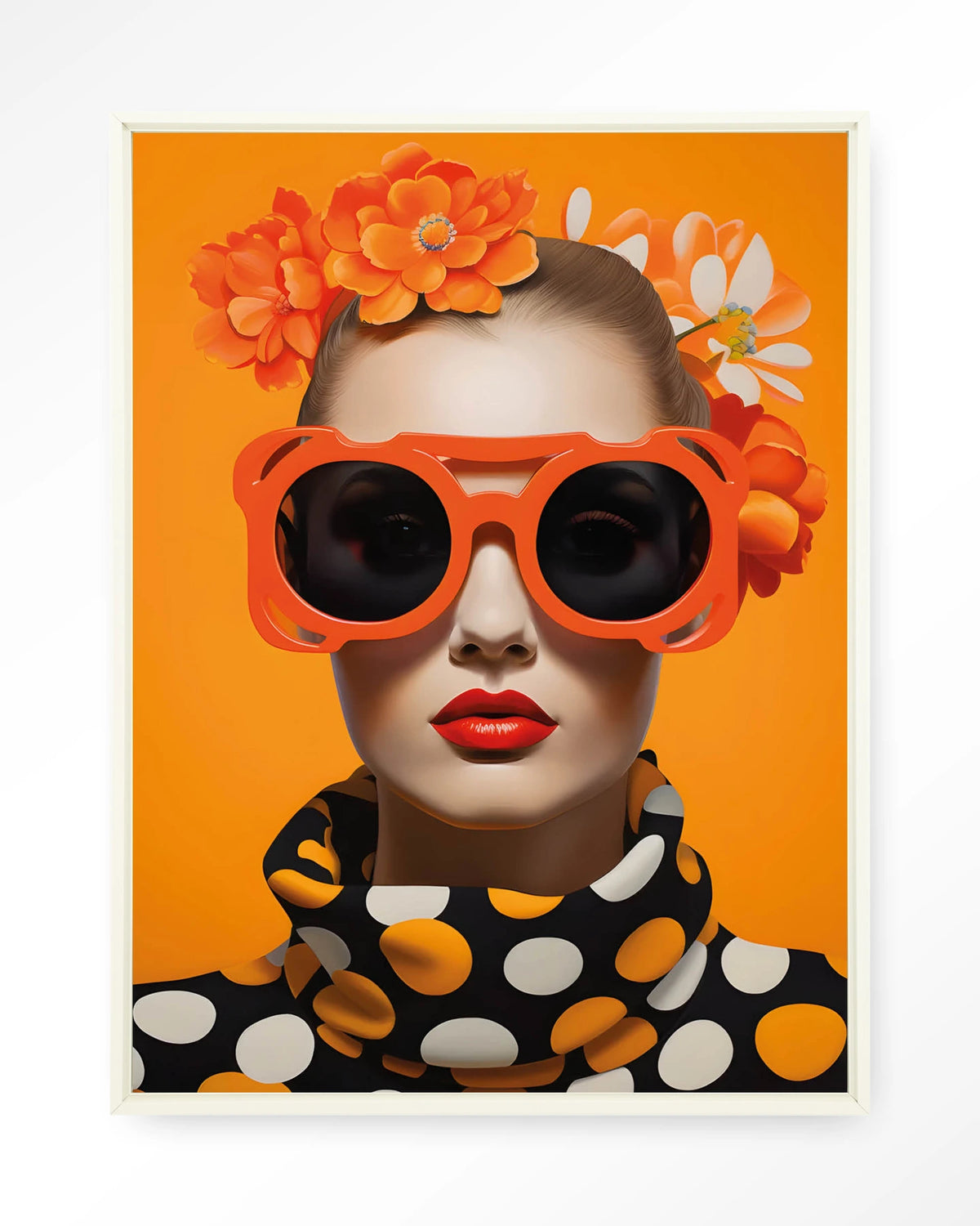 Orange Flower – vrouw met oranje zonnebril en bloemen – Wandkleed – Floating frame – wit