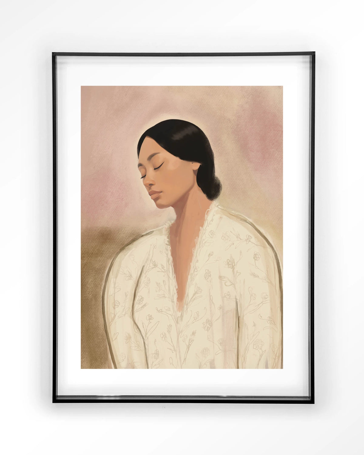 Dreaming – portret van vrouw in crème tinten – Art print – Acryl zwart