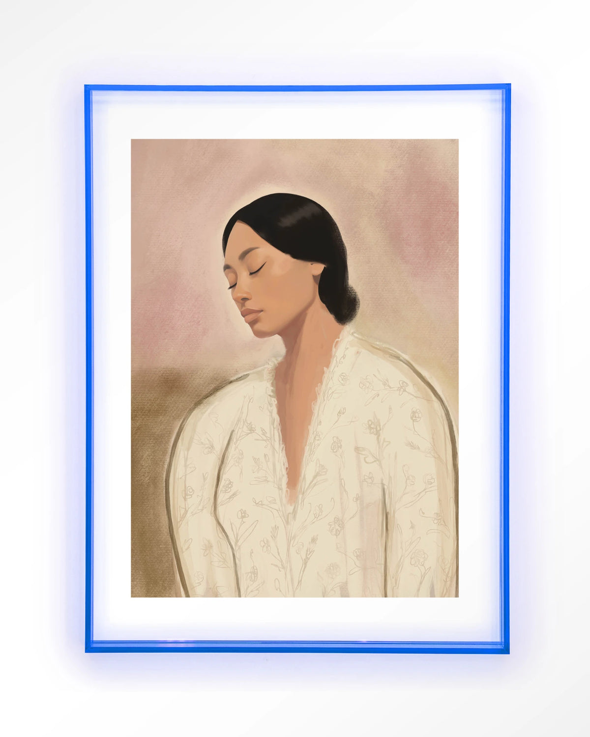 Dreaming – portret van vrouw in crème tinten – Art print – Acryl lichtblauw