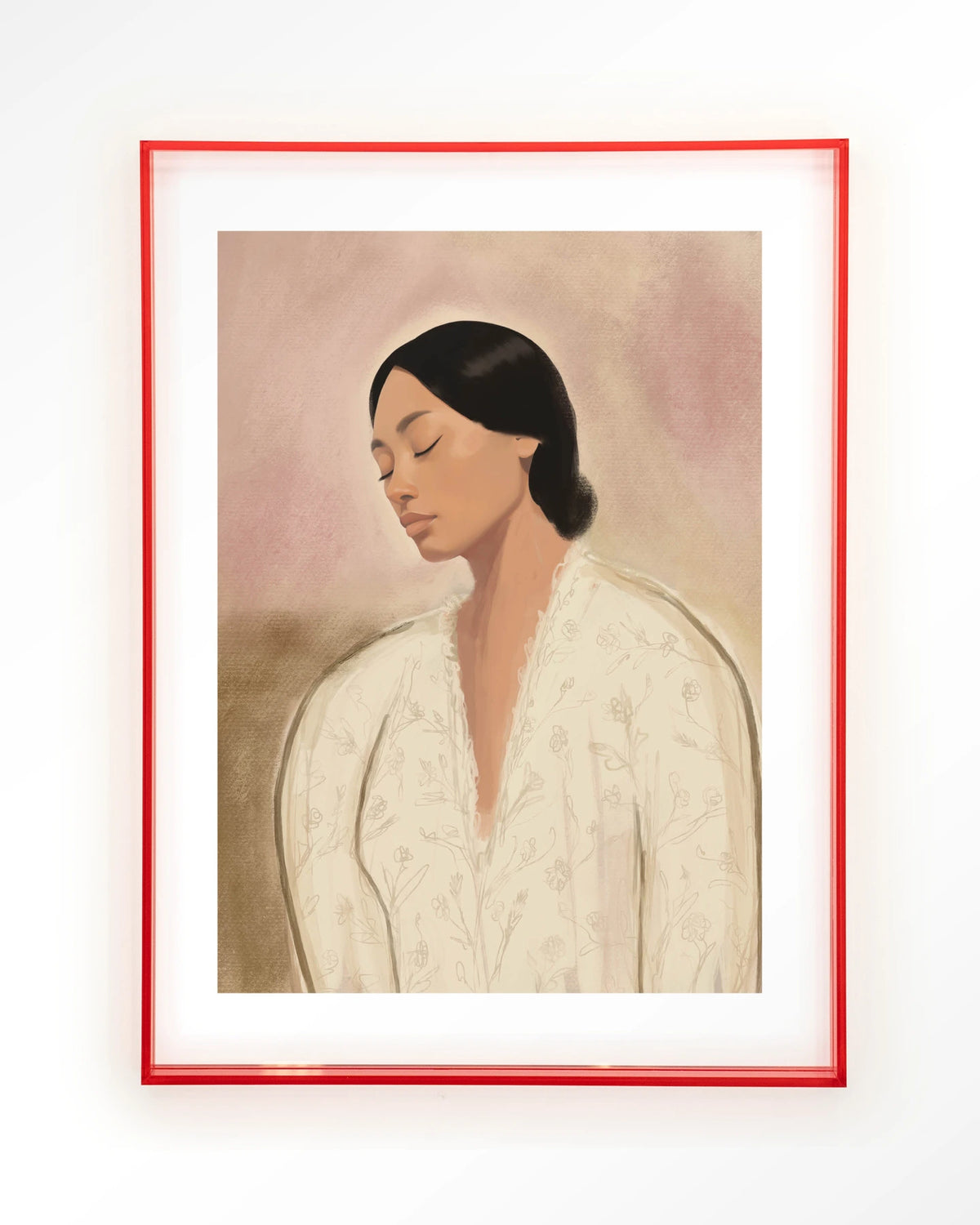 Dreaming – portret van vrouw in crème tinten – Art print – Acryl roze