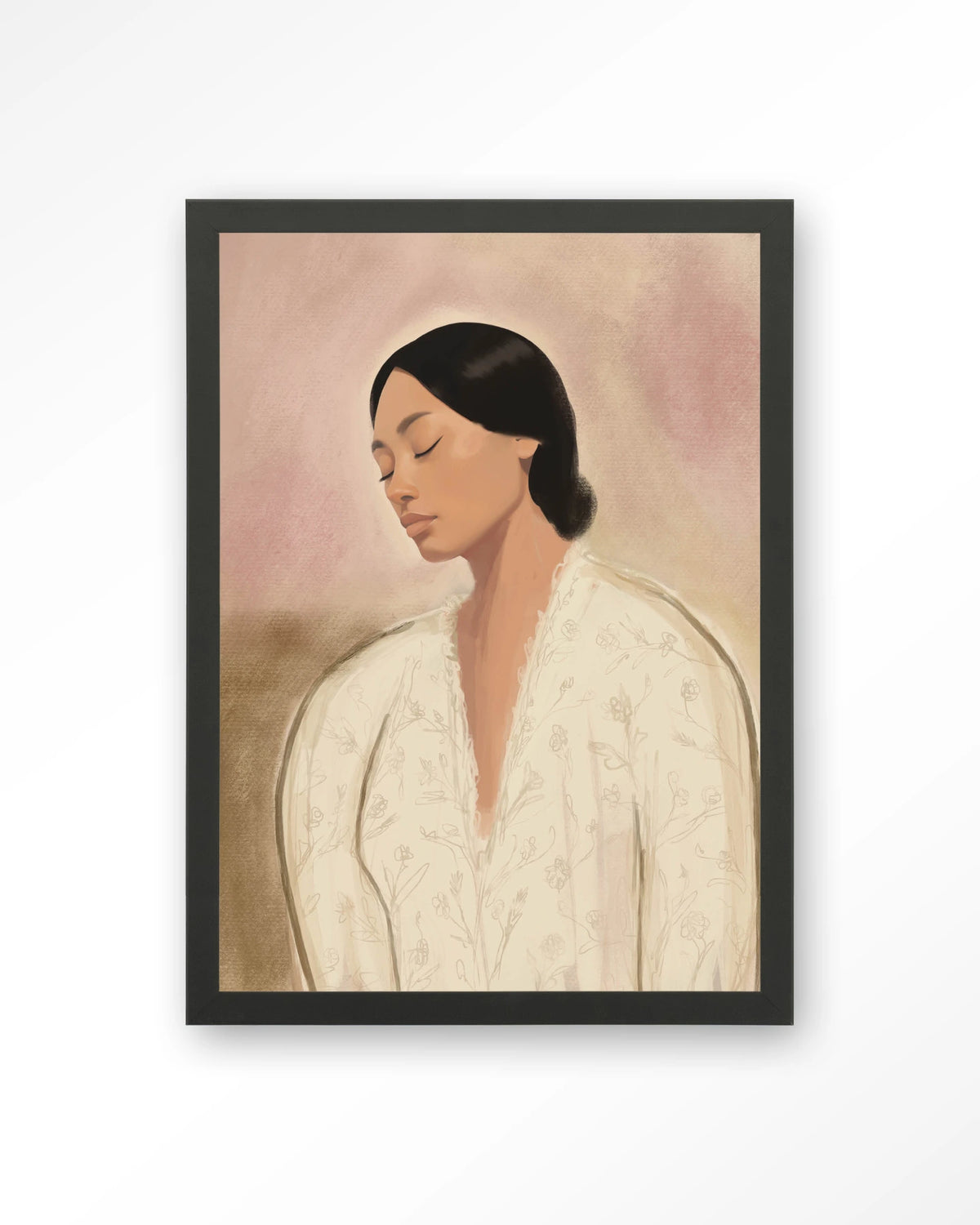 Dreaming – portret van vrouw in crème tinten – Art print – Hout zwart