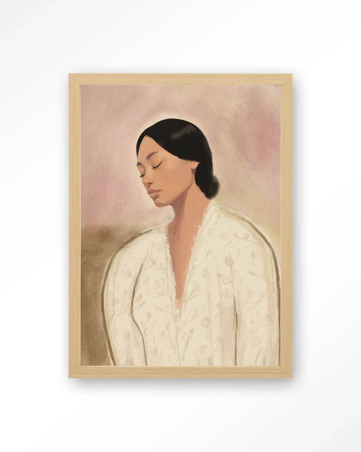 Dreaming – portret van vrouw in crème tinten – Art print – Hout naturel