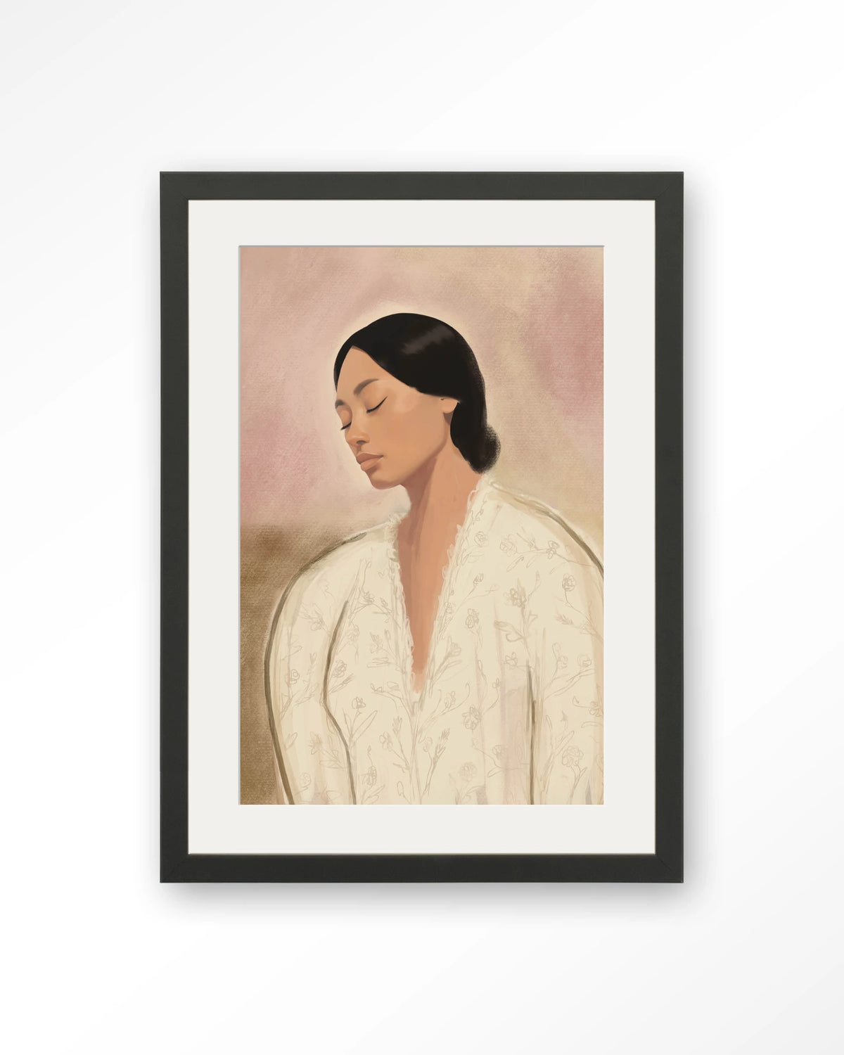 Dreaming – portret van vrouw in crème tinten – Art print – Hout zwart + passe-partout