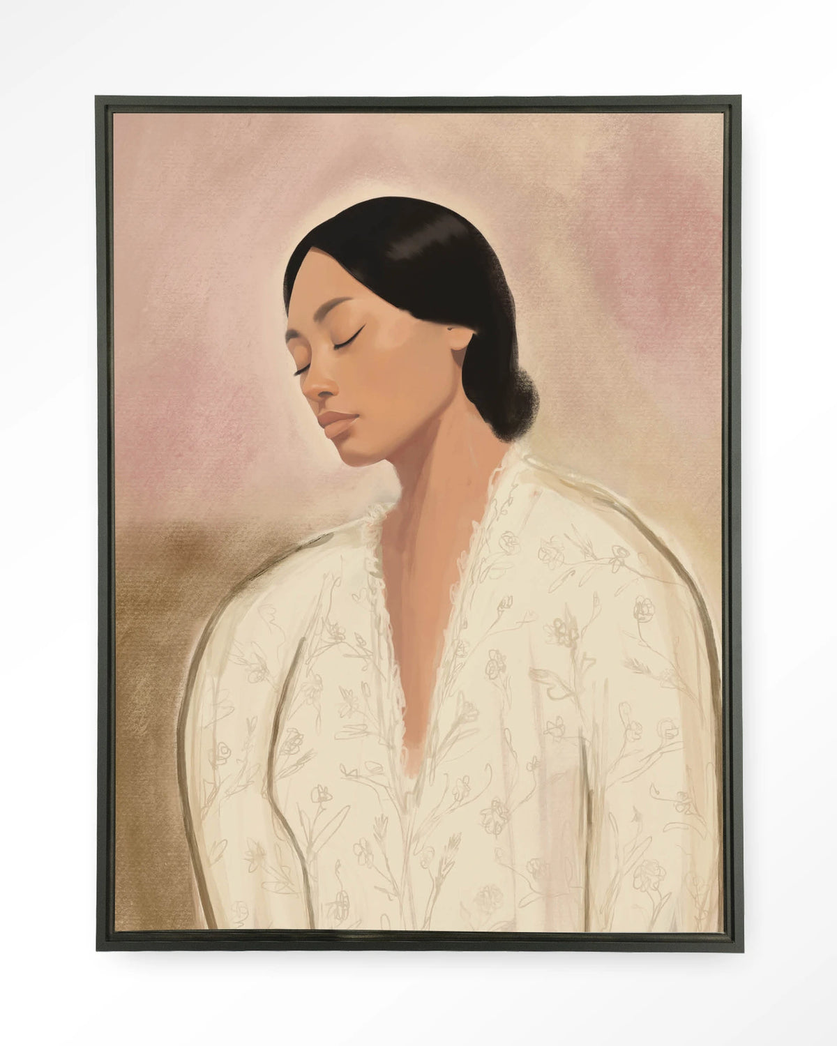 Dreaming – portret van vrouw in crème tinten – Wandkleed – Floating frame – zwart