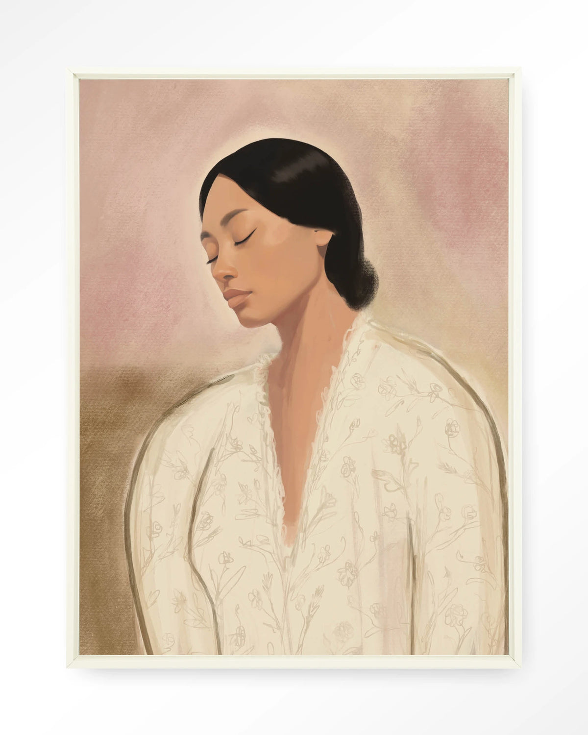 Dreaming – portret van vrouw in crème tinten – Wandkleed – Floating frame – wit
