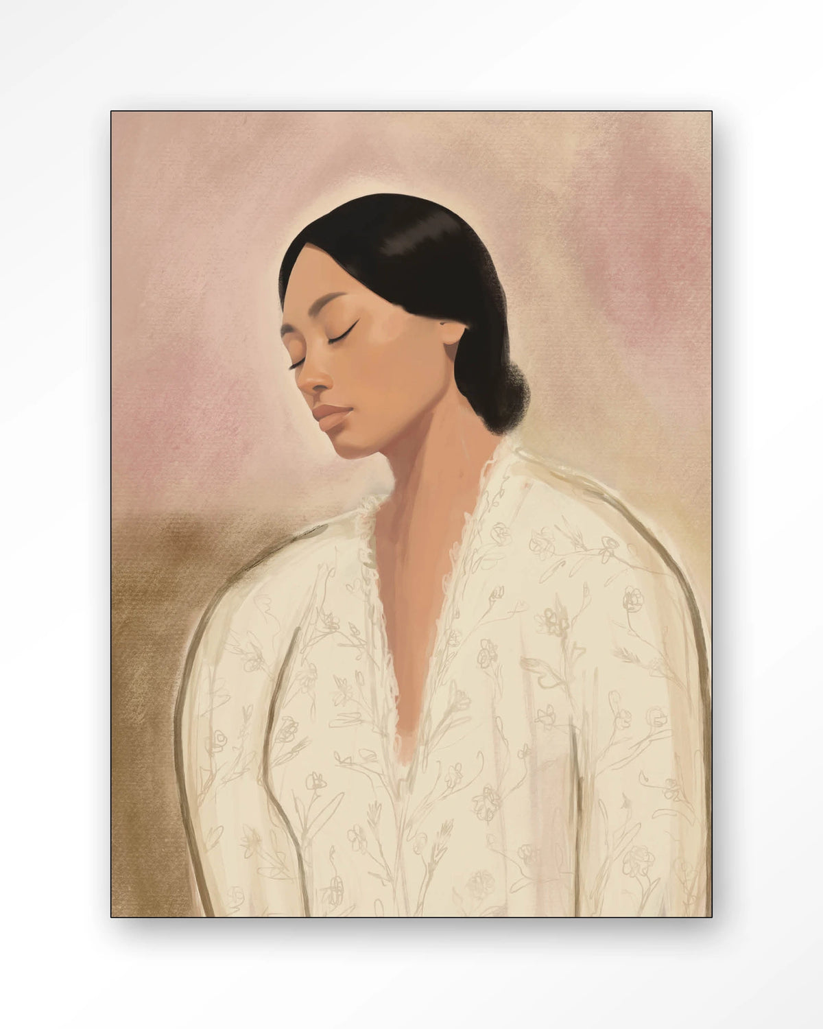 Dreaming – portret van vrouw in crème tinten – Wandkleed – Frame – zwart