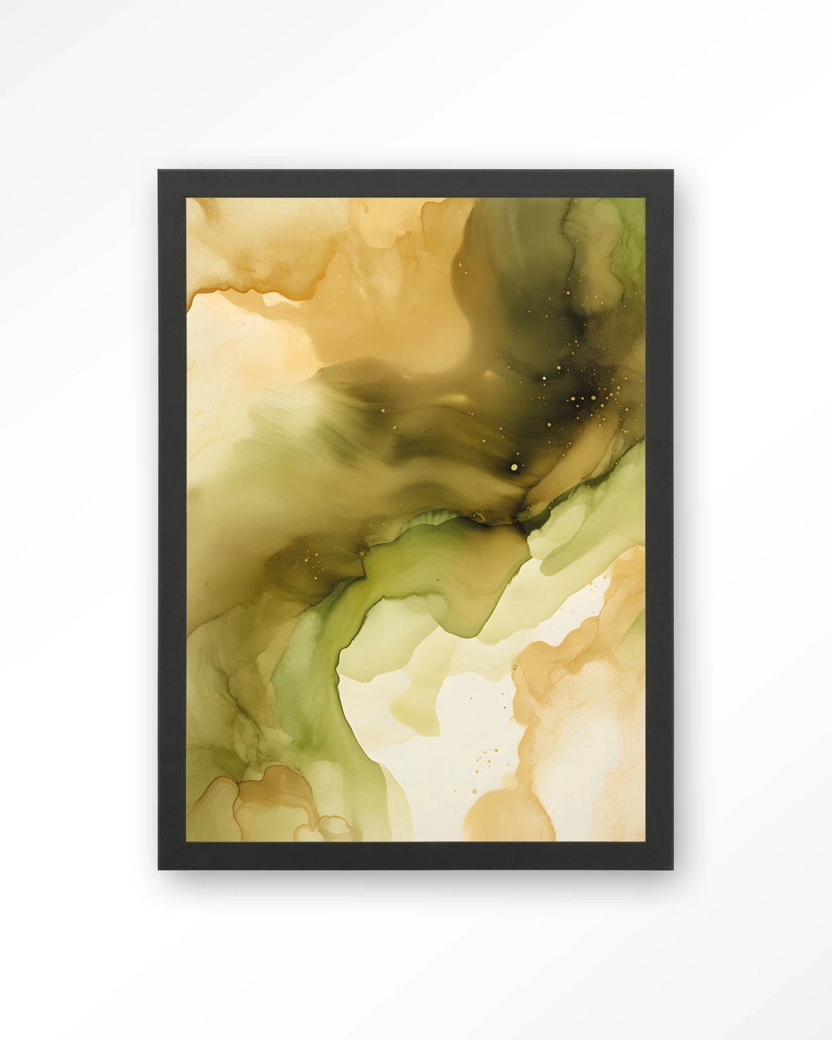 Green Flow – abstract in olijfgroen en goud – Art print – Hout zwart