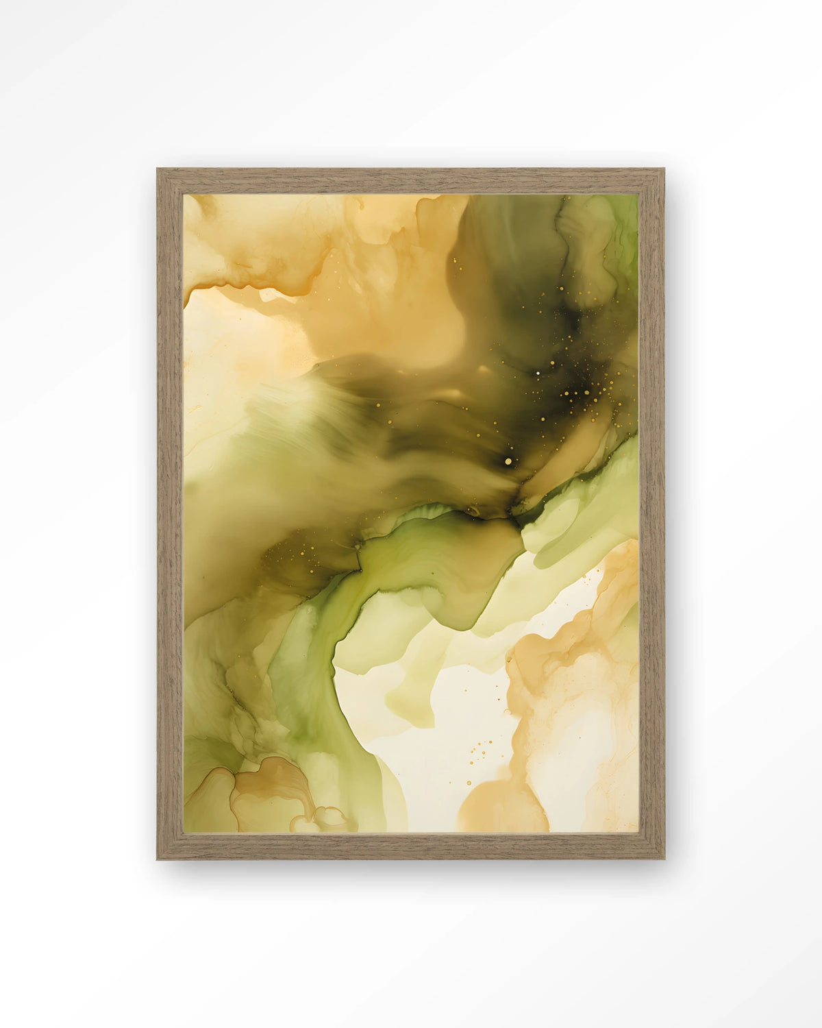 Green Flow – abstract in olijfgroen en goud – Art print – Hout bruin