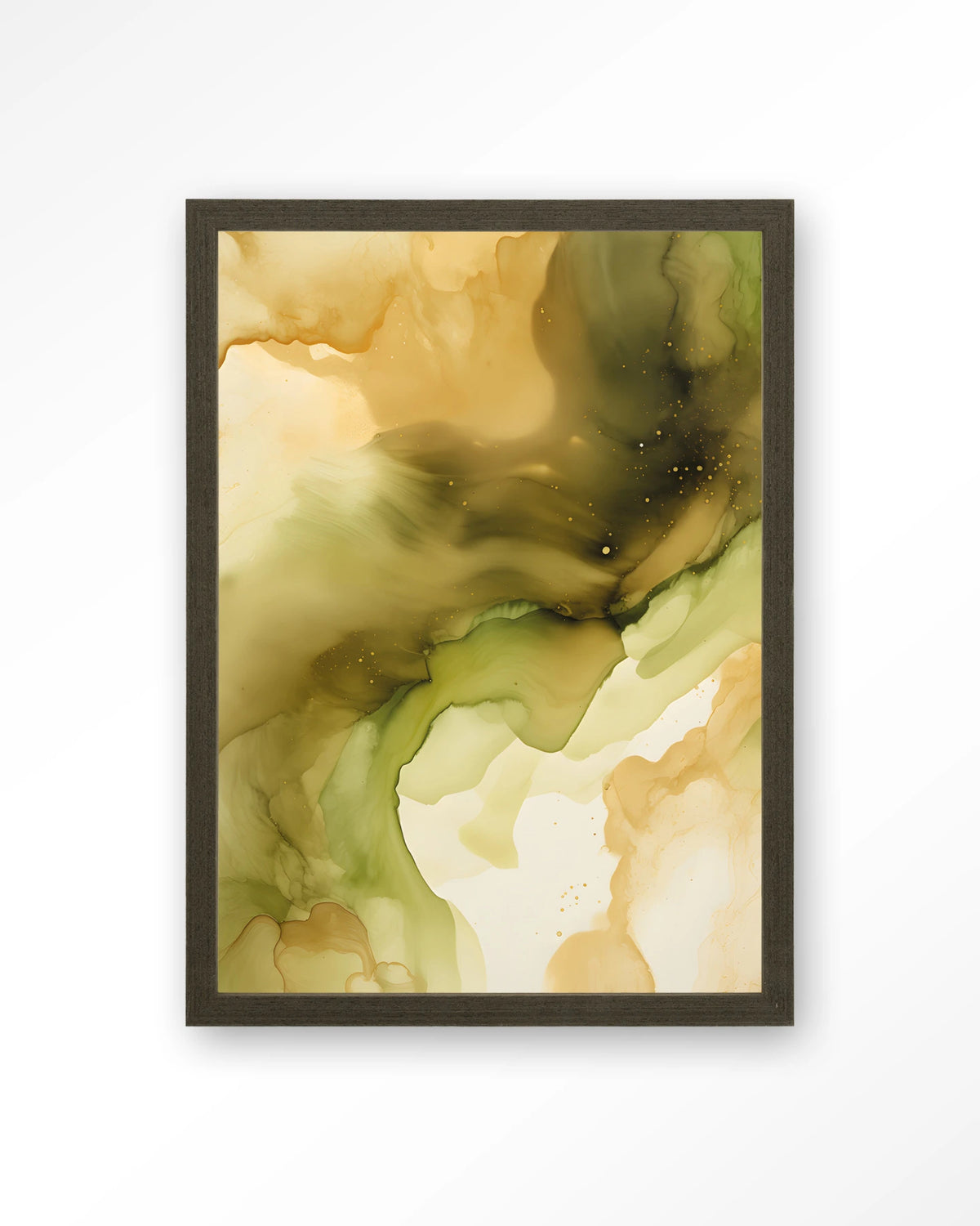 Green Flow – abstract in olijfgroen en goud – Art print – Hout donkerbruin