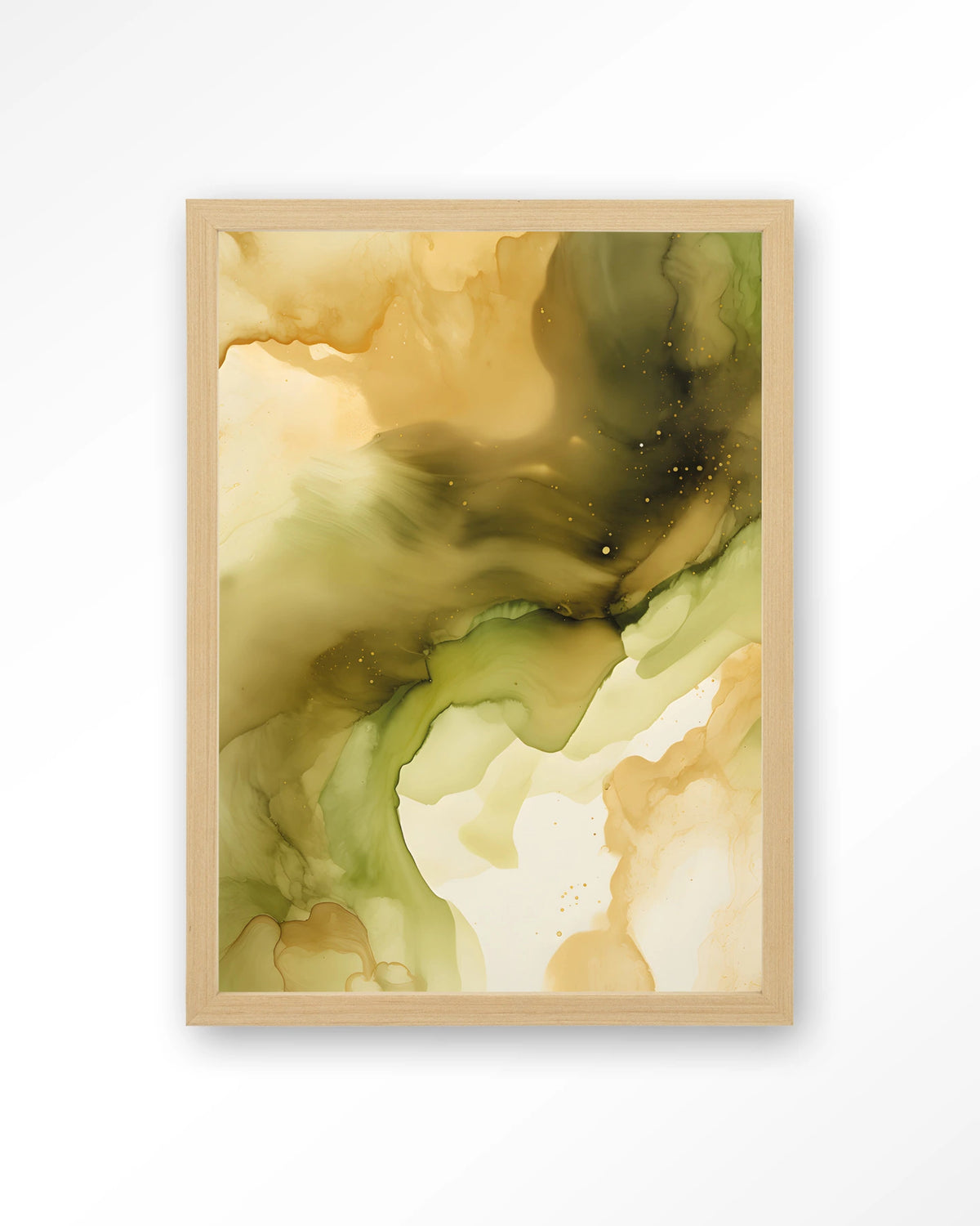 Green Flow – abstract in olijfgroen en goud – Art print – Hout naturel