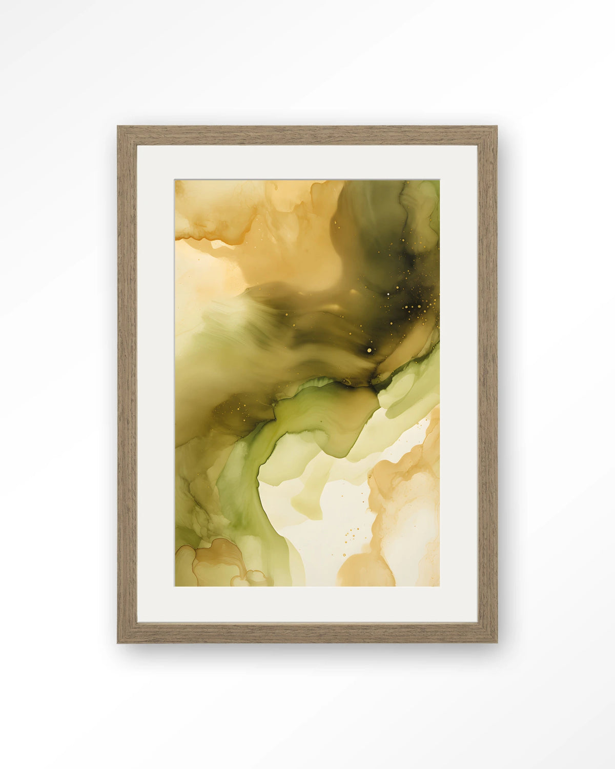 Green Flow – abstract in olijfgroen en goud – Art print – Hout bruin + passe-partout