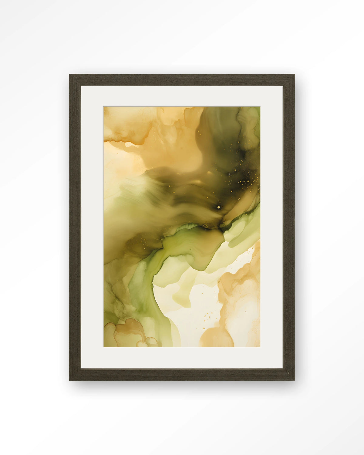 Green Flow – abstract in olijfgroen en goud – Art print – Hout donkerbruin + passe-partout