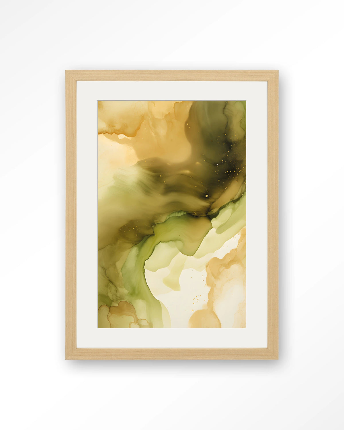 Green Flow – abstract in olijfgroen en goud – Art print – Hout naturel + passe-partout