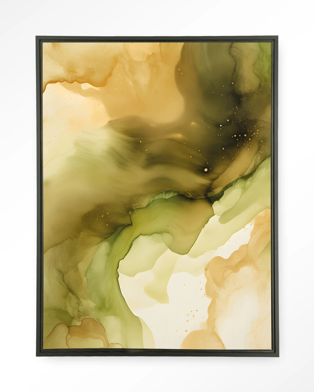 Green Flow – abstract in olijfgroen en goud – Wandkleed – Floating frame – zwart