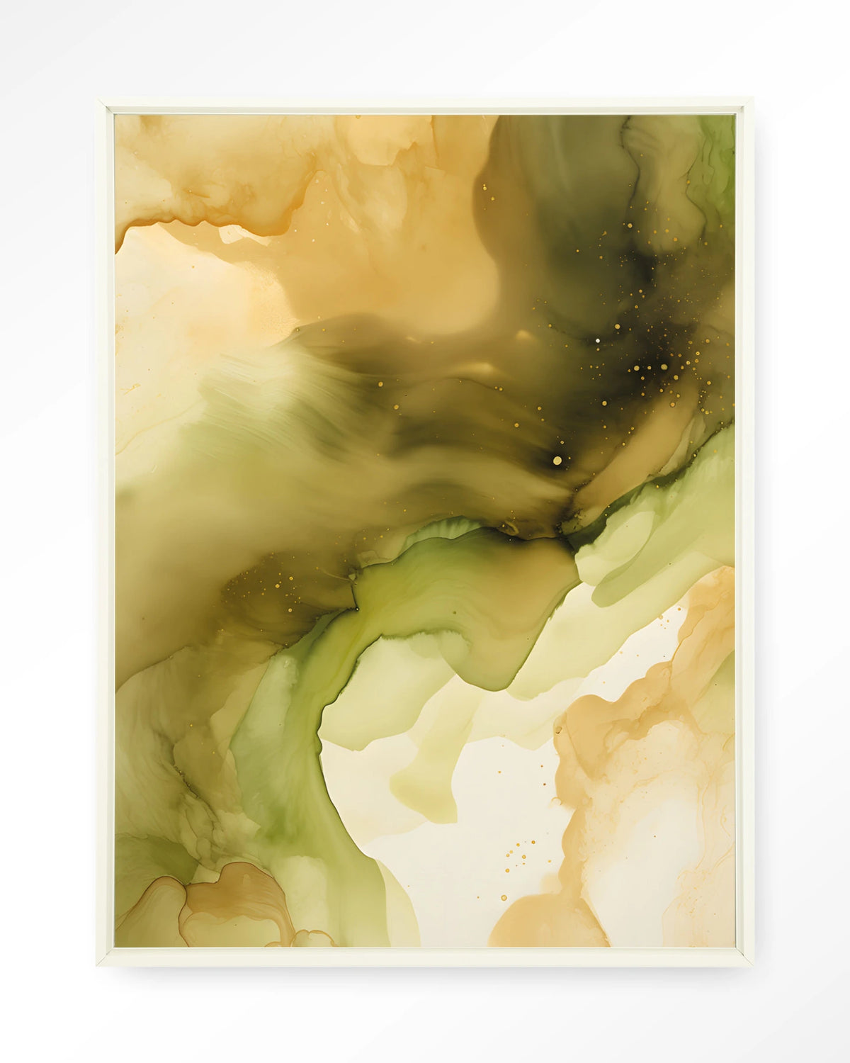 Green Flow – abstract in olijfgroen en goud – Wandkleed – Floating frame – wit