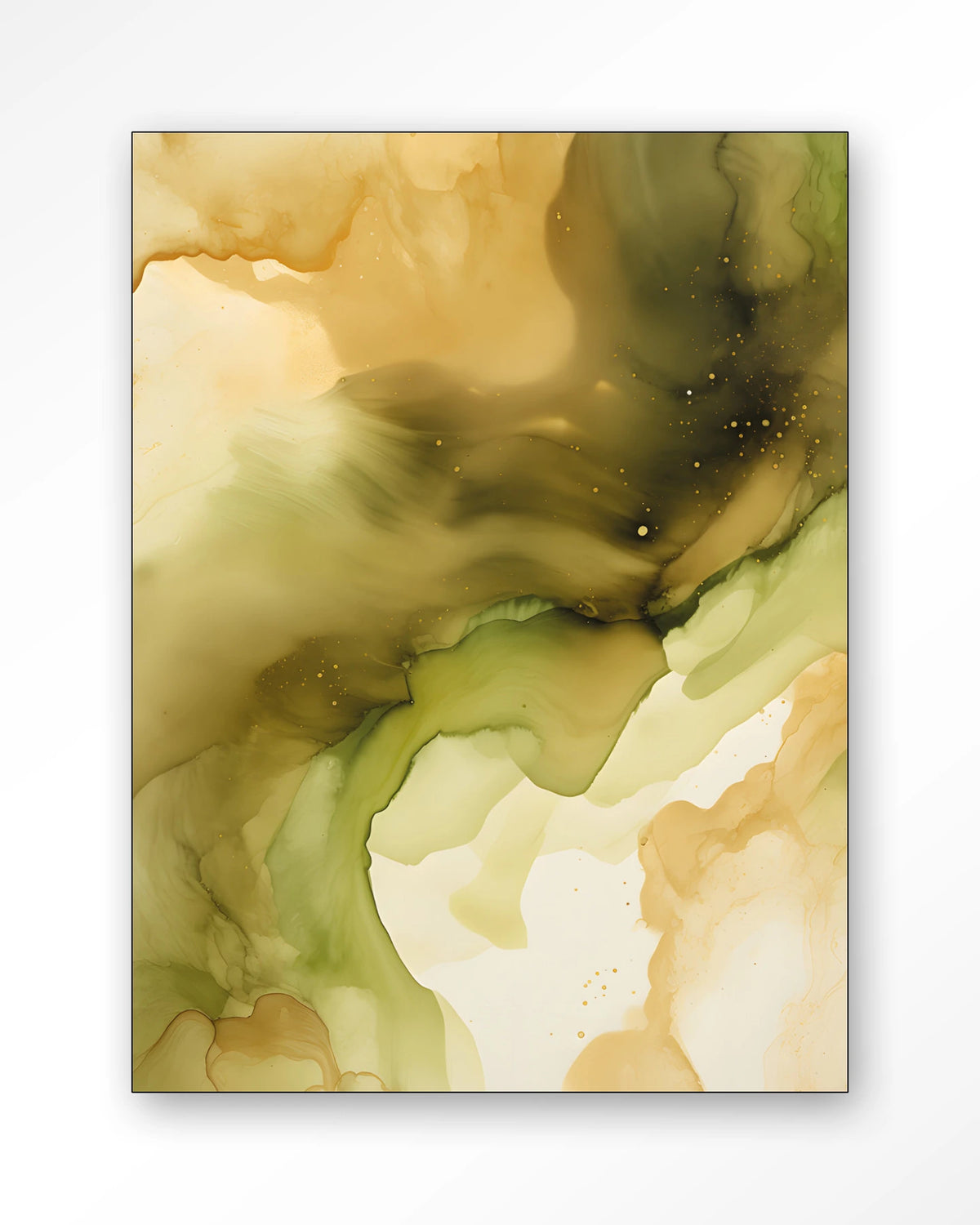 Green Flow – abstract in olijfgroen en goud – Wandkleed – Frame – zwart