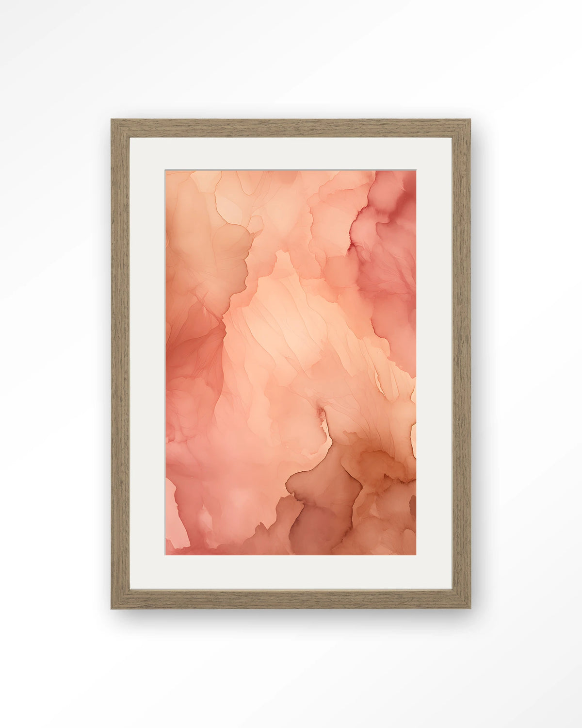 Flowing Pink – roze aquarel met vloeiende kleuren – Art print – Hout bruin + passe-partout