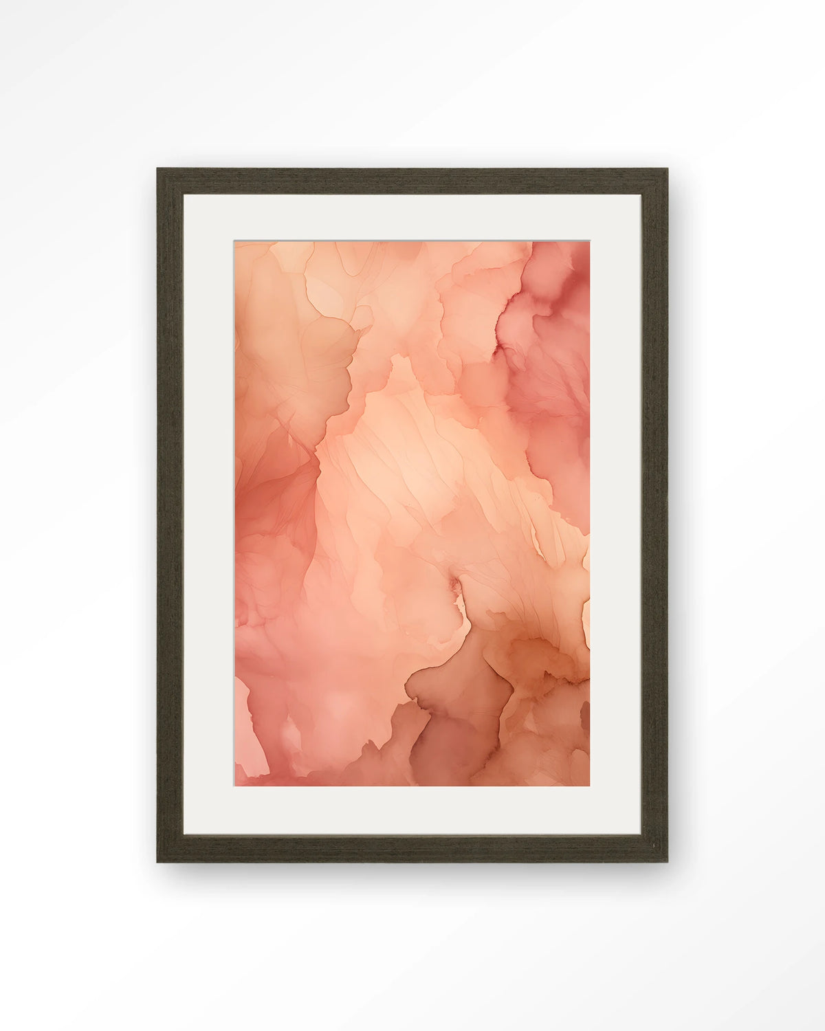 Flowing Pink – roze aquarel met vloeiende kleuren – Art print – Hout donkerbruin + passe-partout