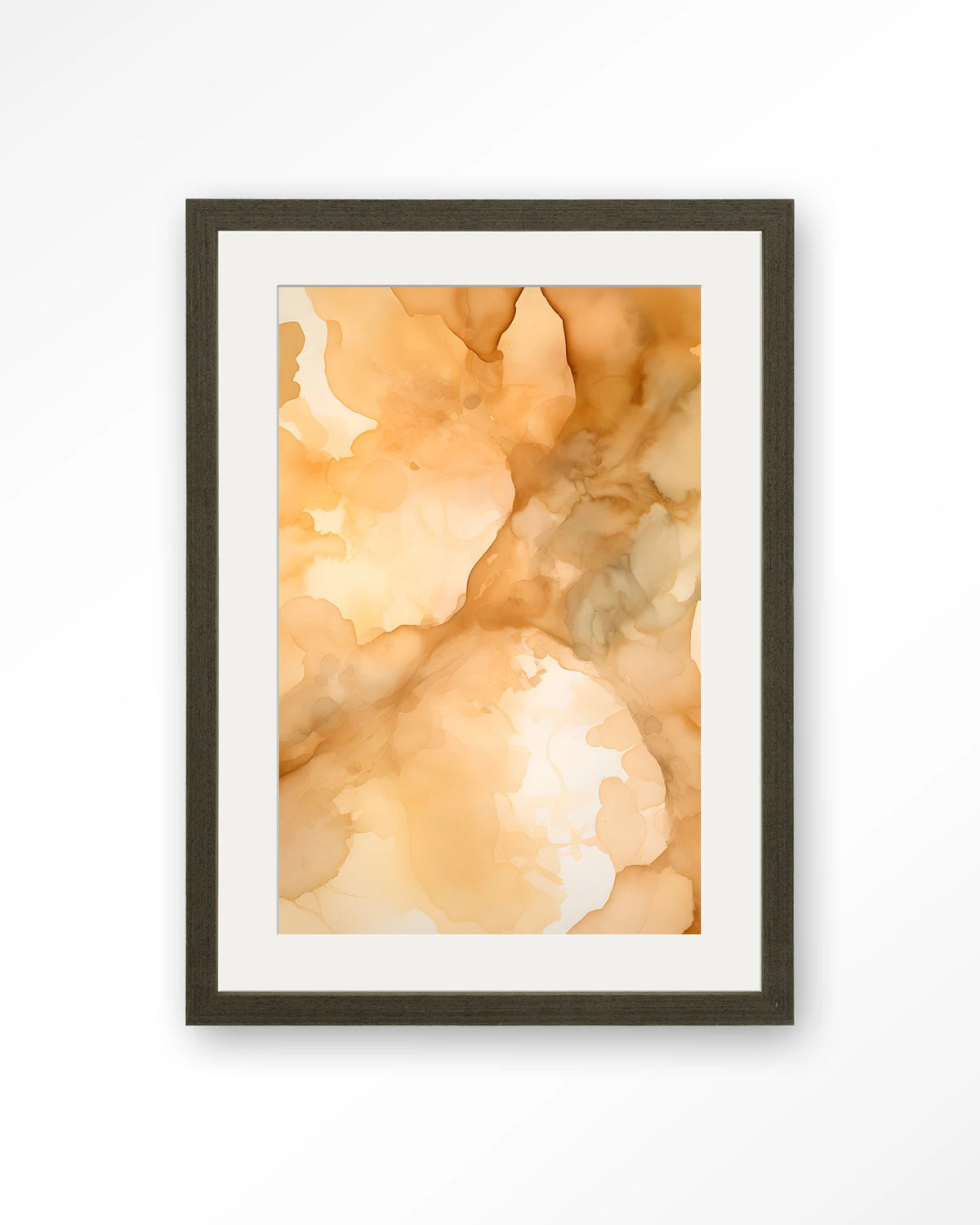 Liquid Cinnamon – abstract in oranje aquarel – Art print – Hout donkerbruin + passe-partout
