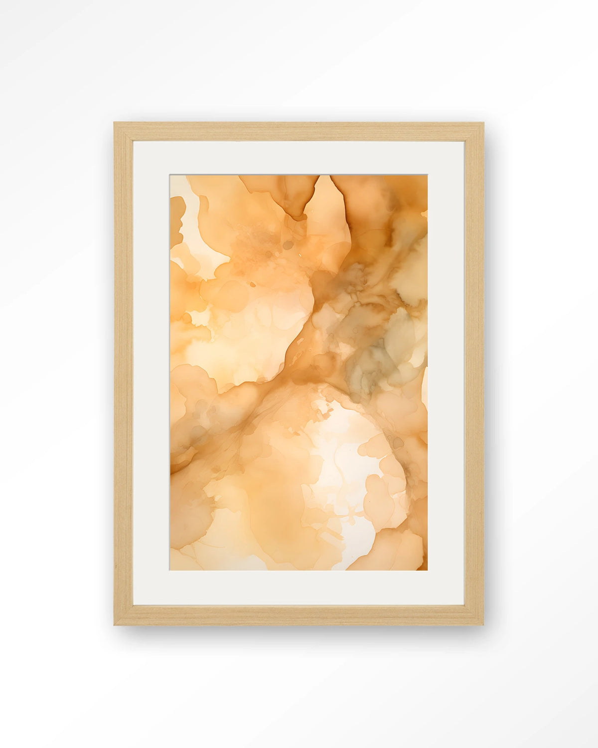 Liquid Cinnamon – abstract in oranje aquarel – Art print – Hout naturel + passe-partout