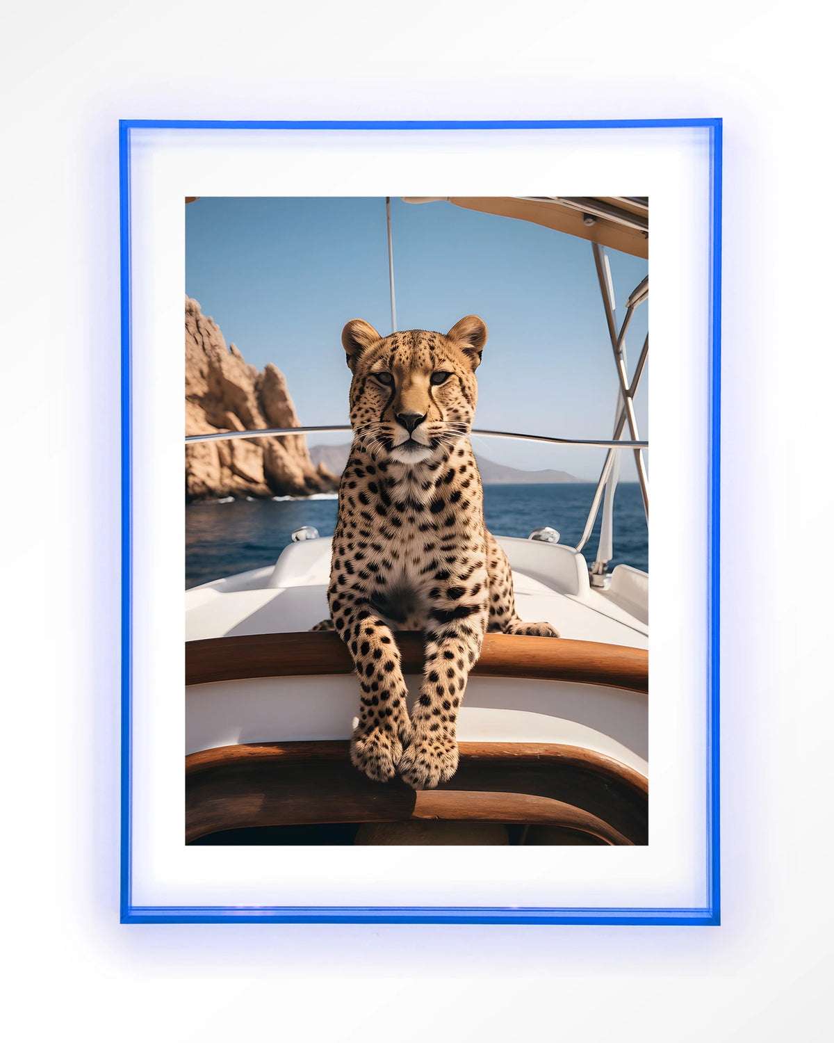 Sailboat Cheetah – cheeta op zeilboot – Art print – Acryl lichtblauw