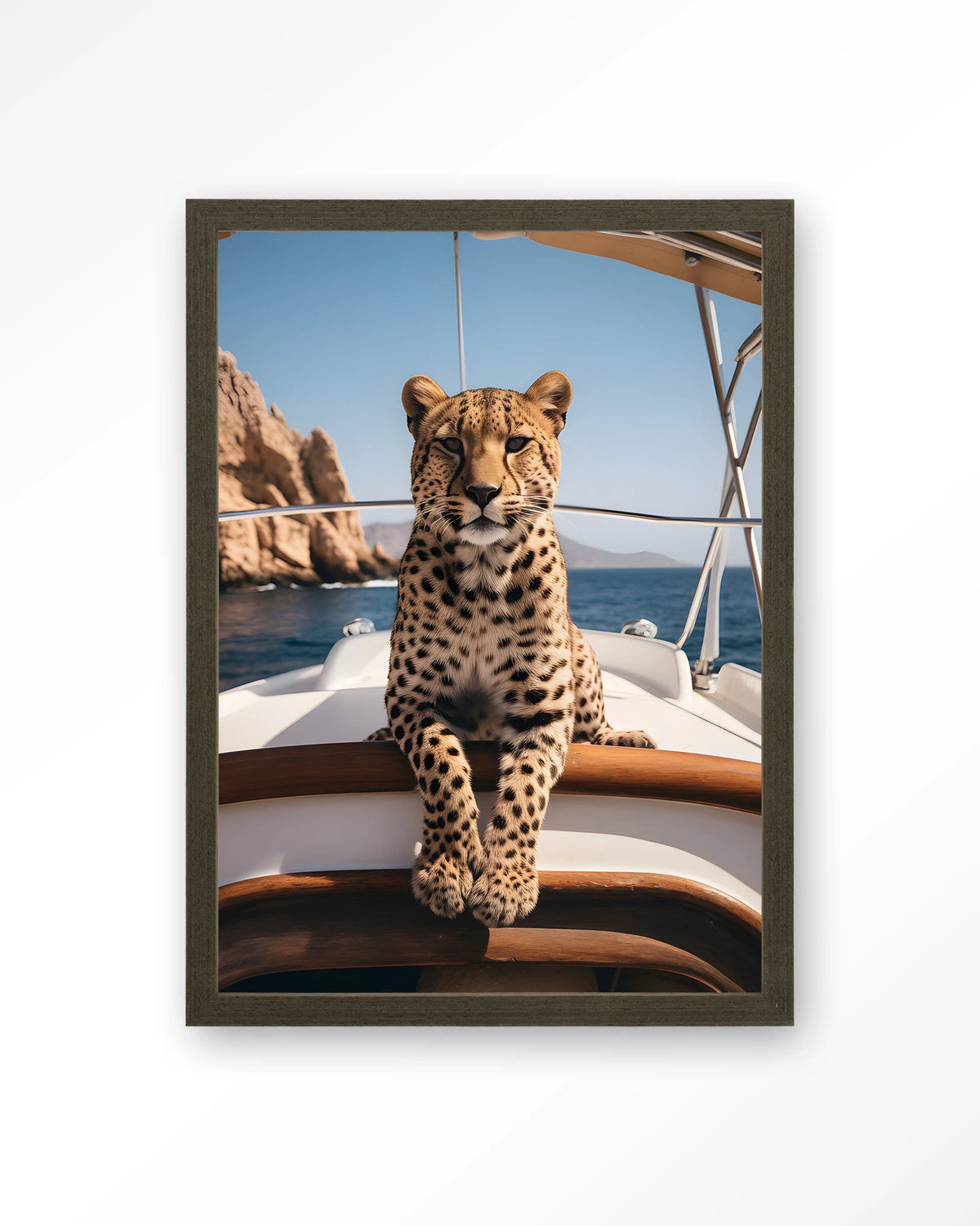 Sailboat Cheetah – cheeta op zeilboot – Art print – Hout donkerbruin