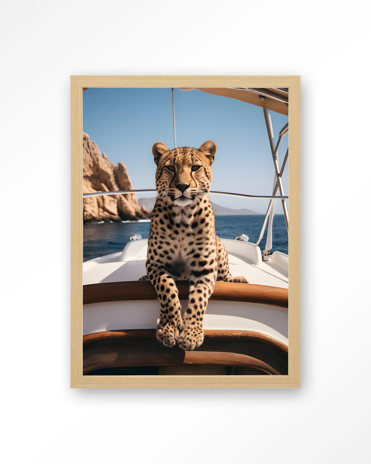 Sailboat Cheetah – cheeta op zeilboot – Art print – Hout naturel