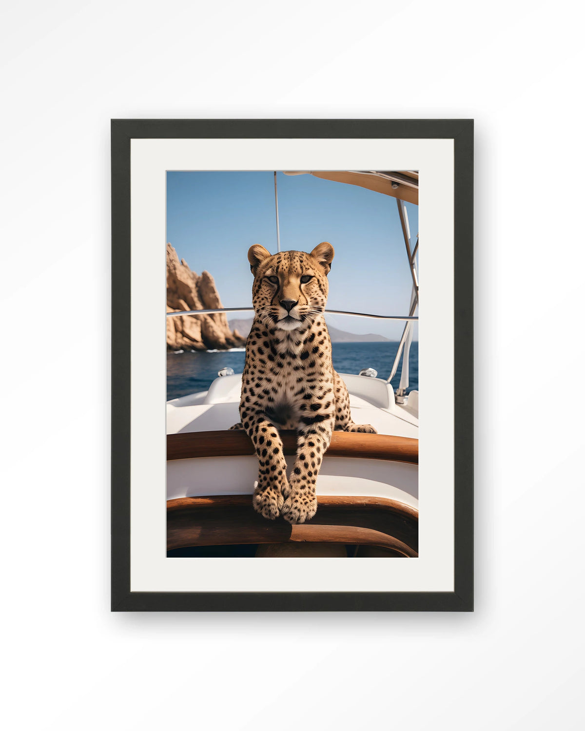 Sailboat Cheetah – cheeta op zeilboot – Art print – Hout zwart + passe-partout