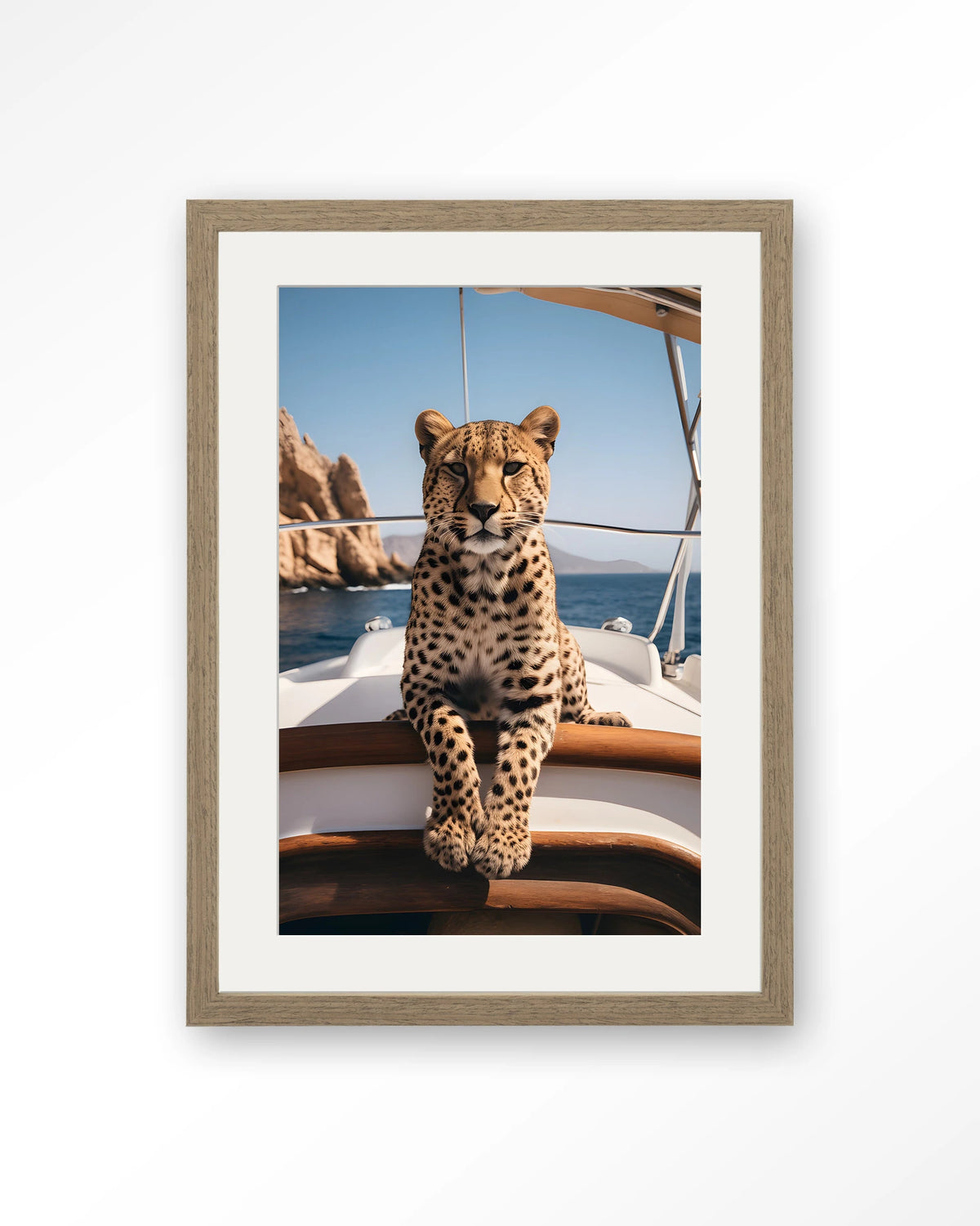 Sailboat Cheetah – cheeta op zeilboot – Art print – Hout bruin + passe-partout