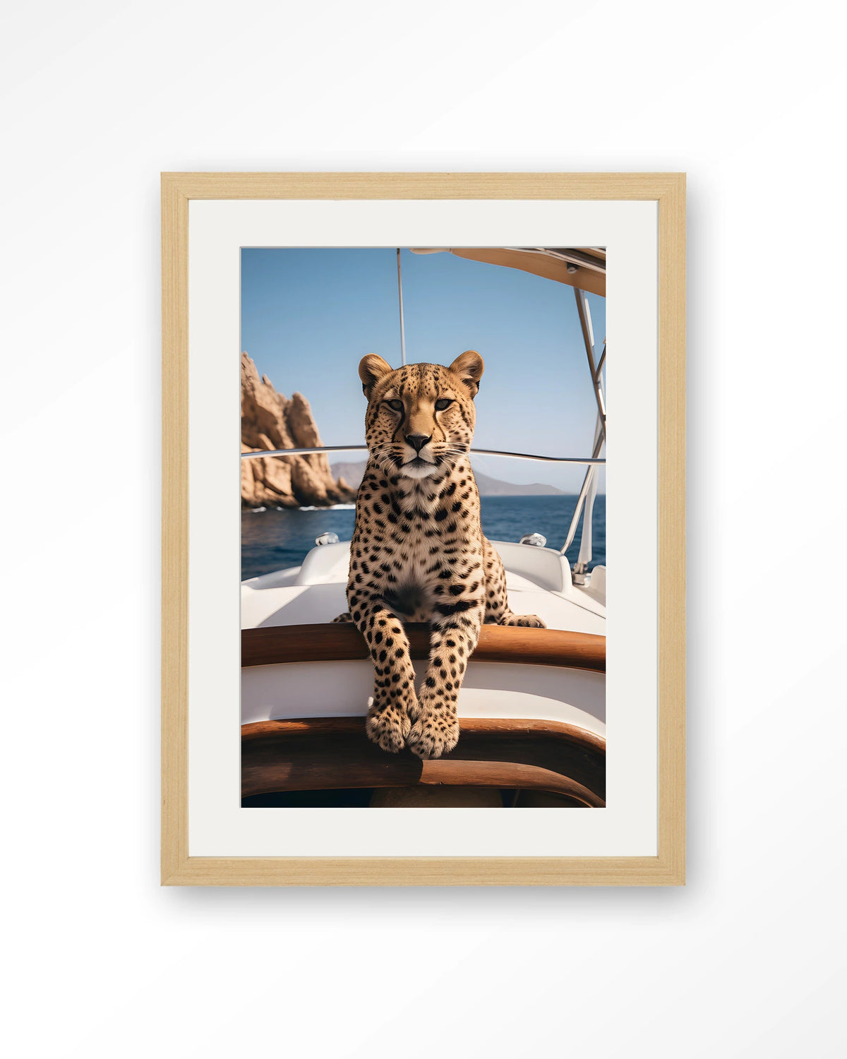Sailboat Cheetah – cheeta op zeilboot – Art print – Hout naturel + passe-partout