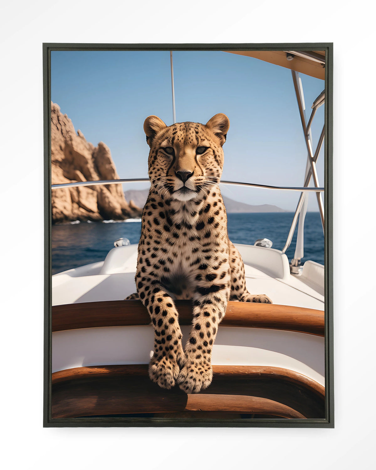 Sailboat Cheetah – cheeta op zeilboot – Wandkleed – Floating frame – zwart