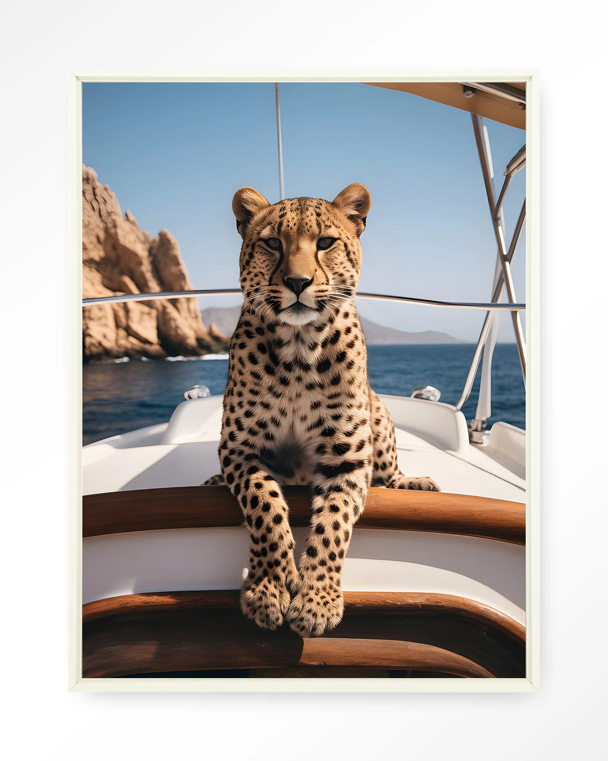 Sailboat Cheetah – cheeta op zeilboot – Wandkleed – Floating frame – wit