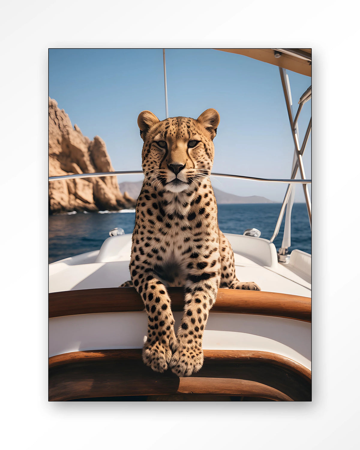 Sailboat Cheetah – cheeta op zeilboot – Wandkleed – Frame – zwart