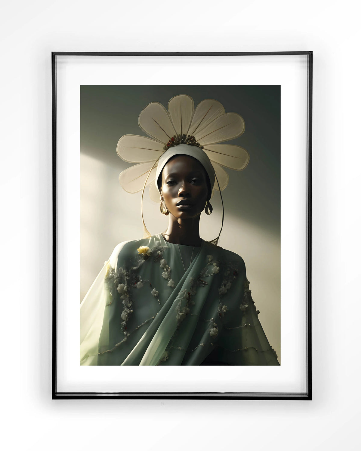 Design 241 – vrouw met bloemenkroon, groen – Art print – Acryl zwart