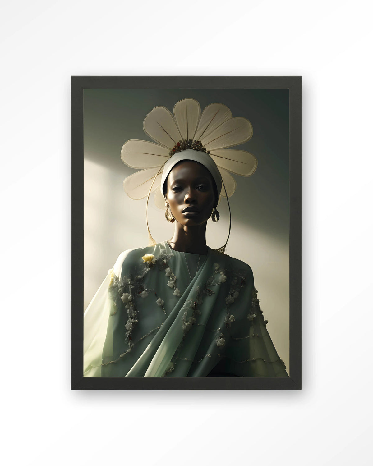 Design 241 – vrouw met bloemenkroon, groen – Art print – Hout zwart