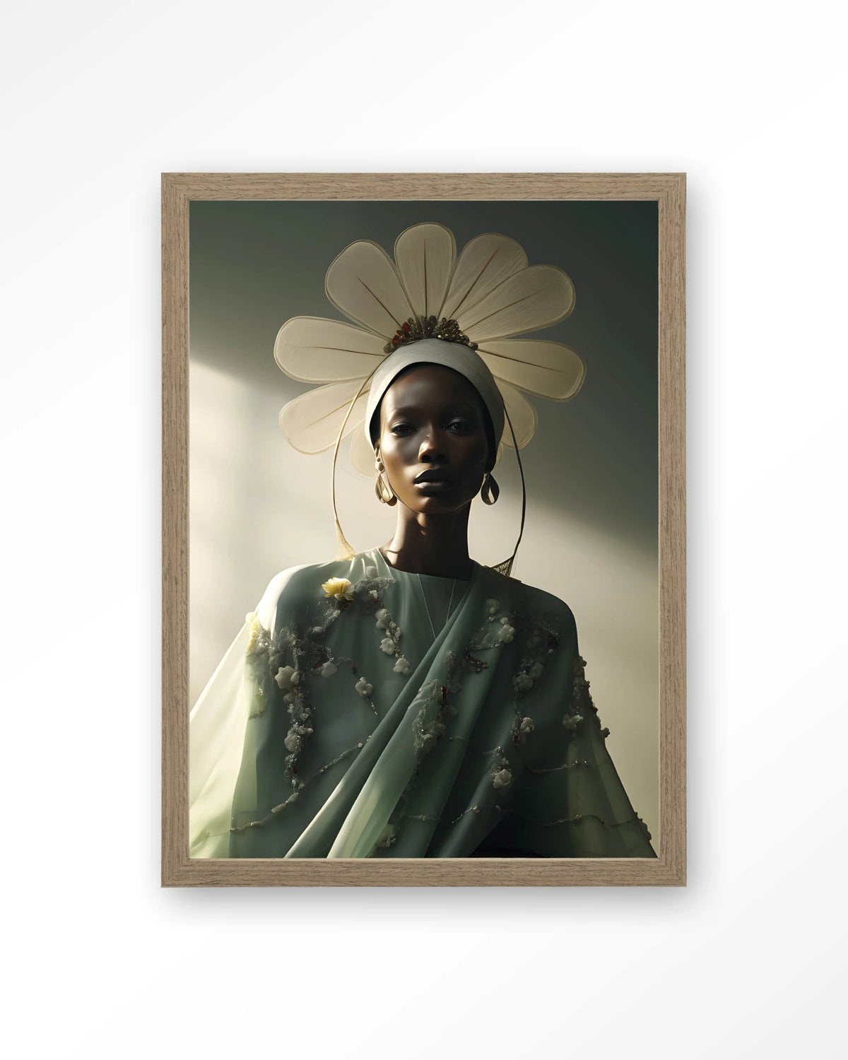 Design 241 – vrouw met bloemenkroon, groen – Art print – Hout bruin