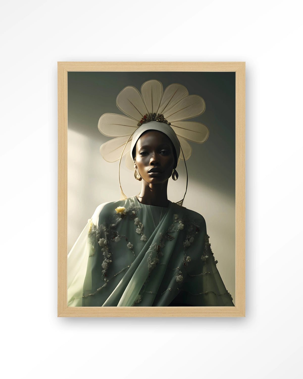 Design 241 – vrouw met bloemenkroon, groen – Art print – Hout naturel