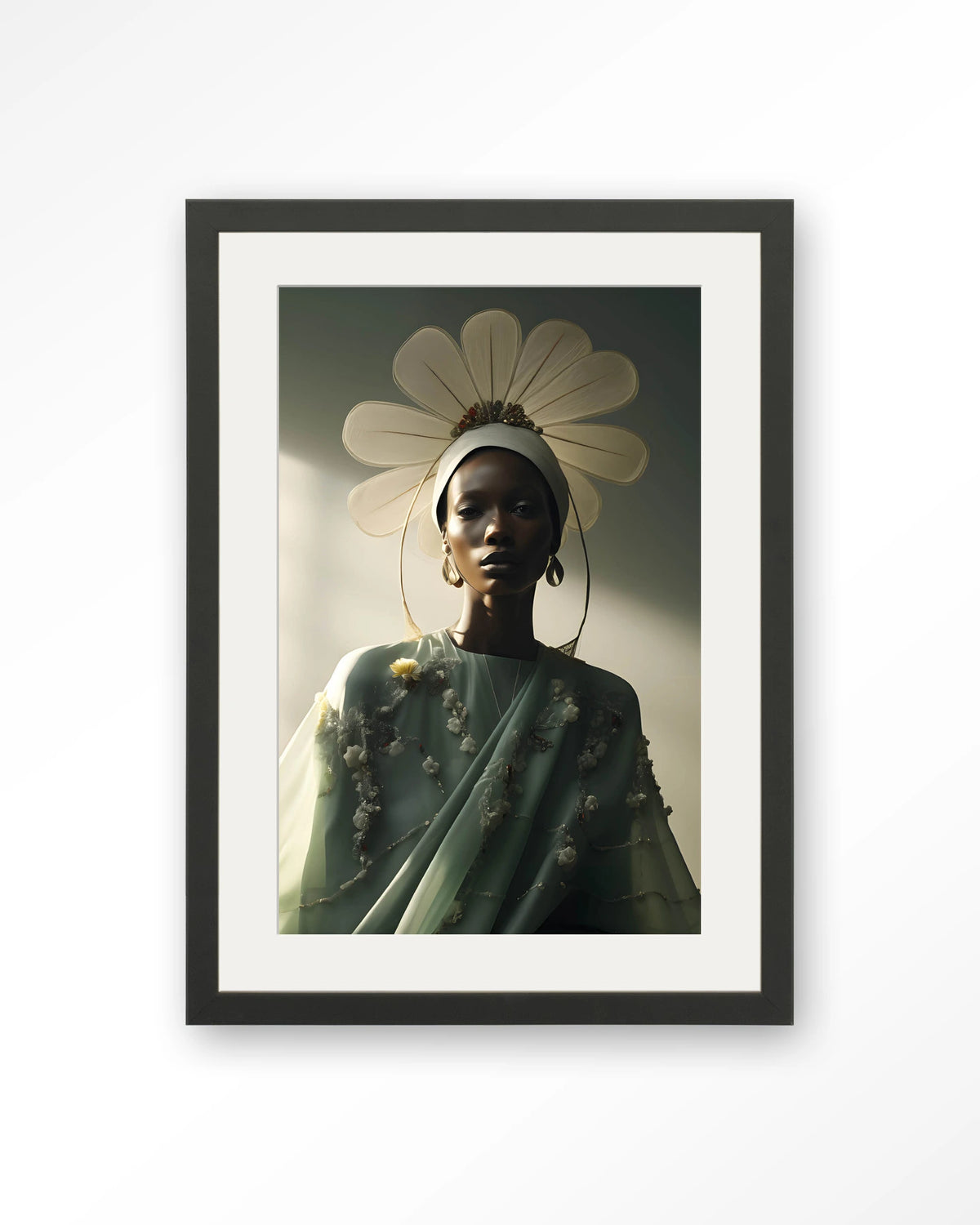 Design 241 – vrouw met bloemenkroon, groen – Art print – Hout zwart + passe-partout