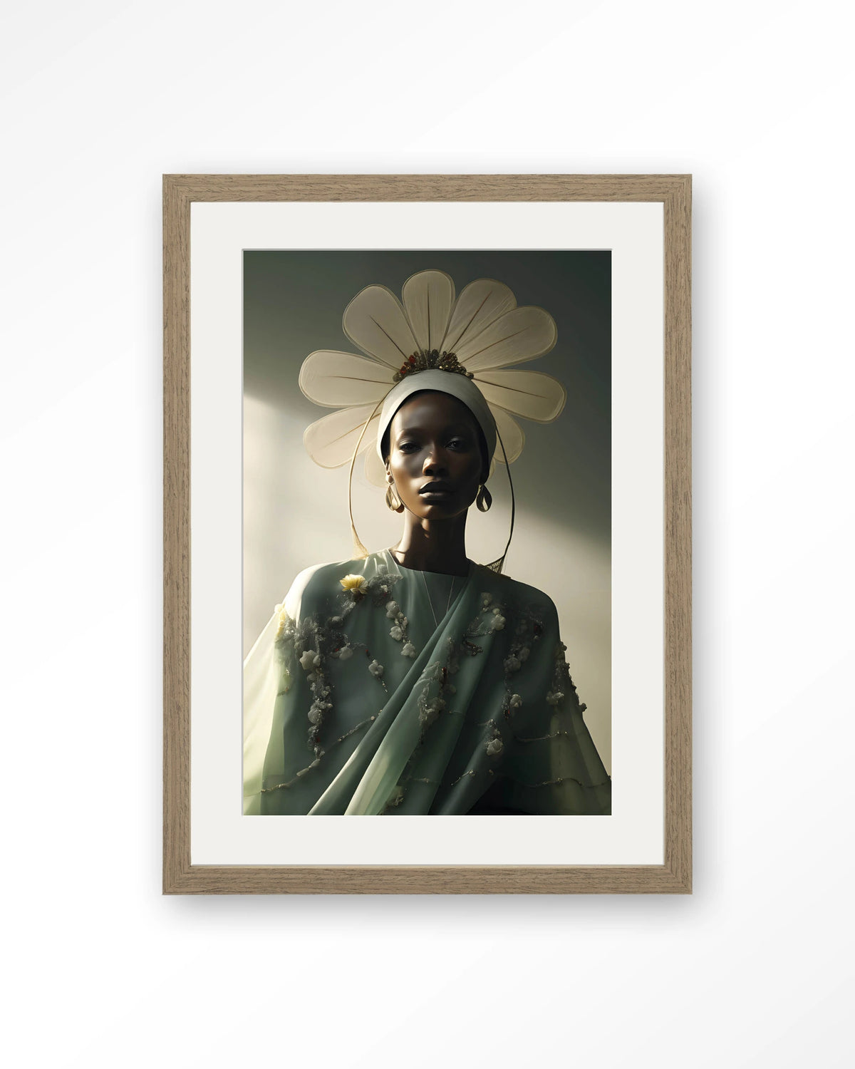 Design 241 – vrouw met bloemenkroon, groen – Art print – Hout bruin + passe-partout